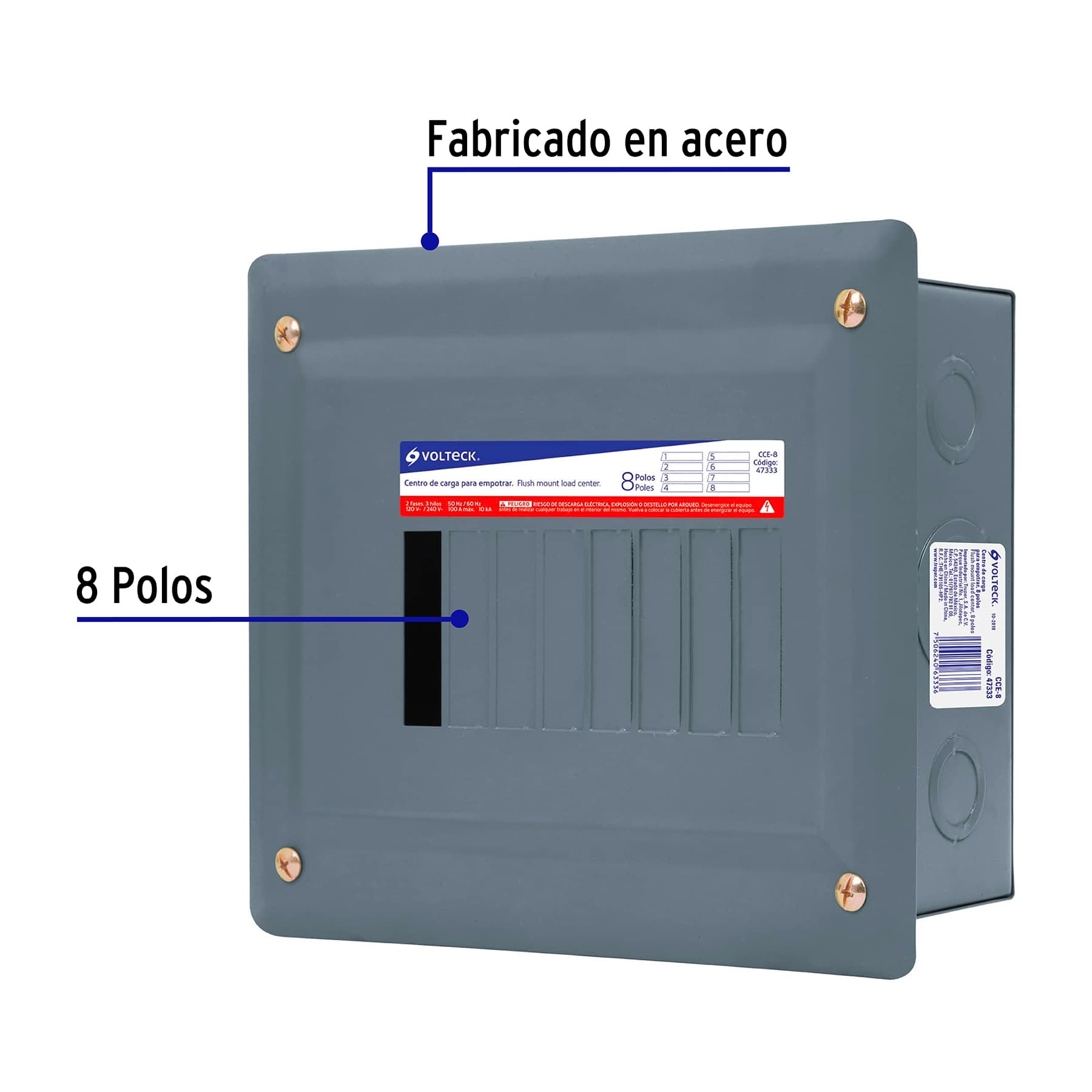 Centro de carga metálico 8 polos 100A de empotrar, VOLTECK
