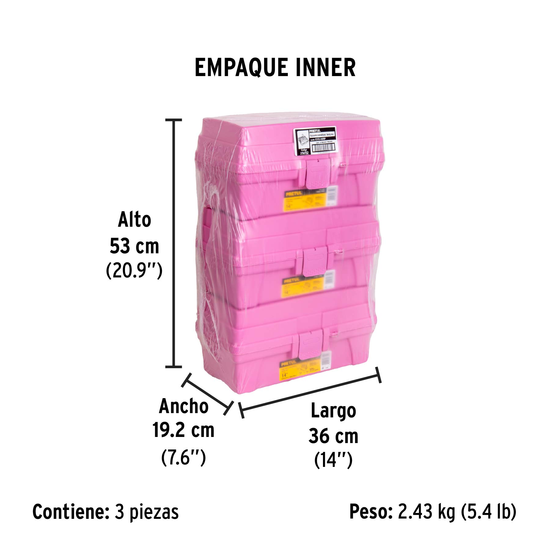 Caja cosmetiquera 14", doble bandeja, rosa, PRETUL - Empaque