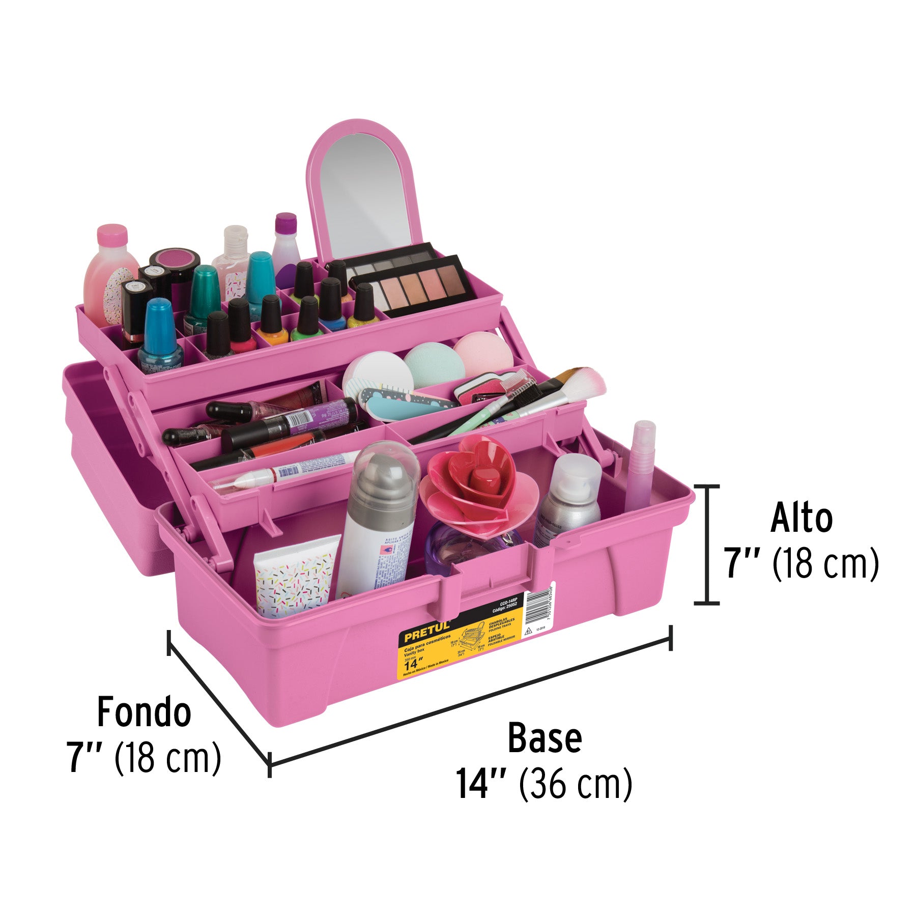 Caja cosmetiquera 14", doble bandeja, rosa, PRETUL