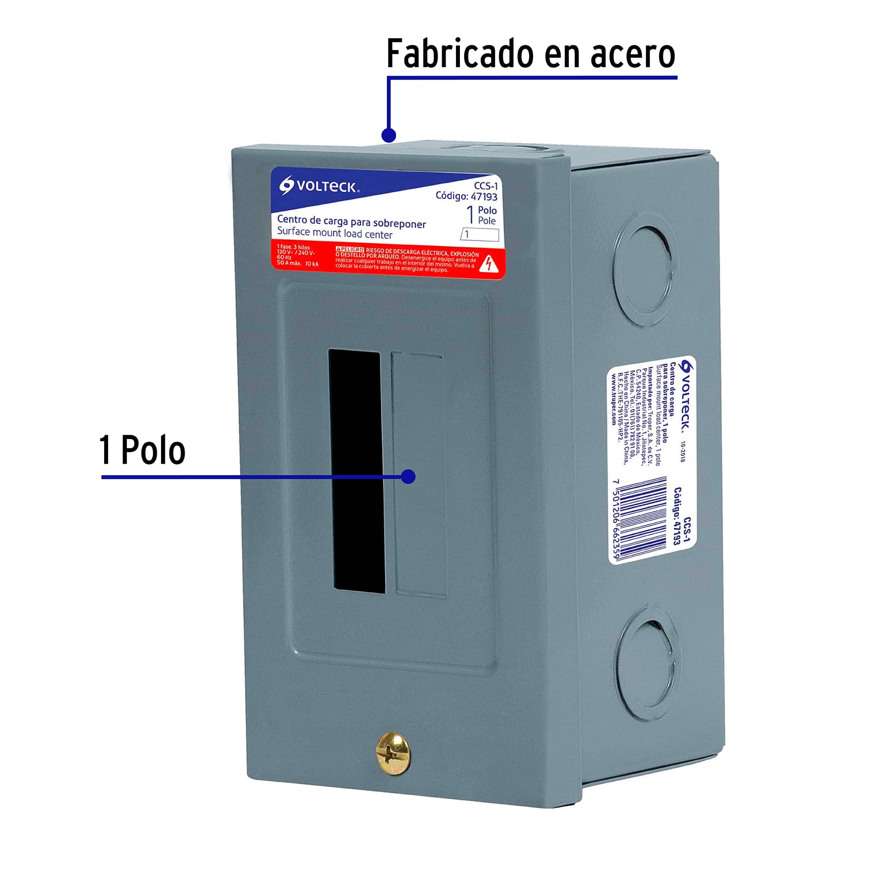 Centro de carga metálico 1 polo 50A de sobreponer, VOLTECK