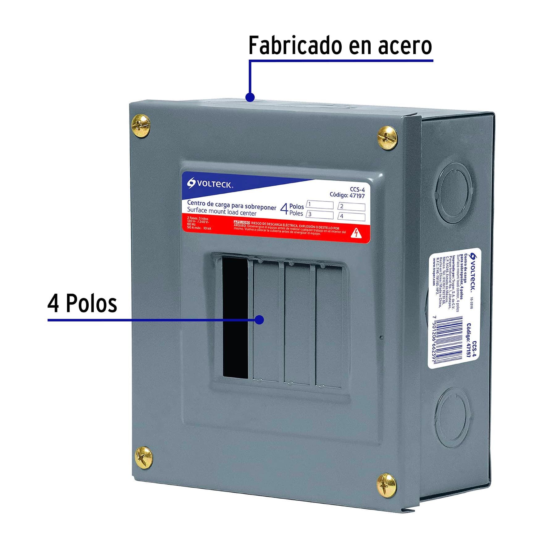 Centro de carga metálico 4 polos 50A de sobreponer, VOLTECK