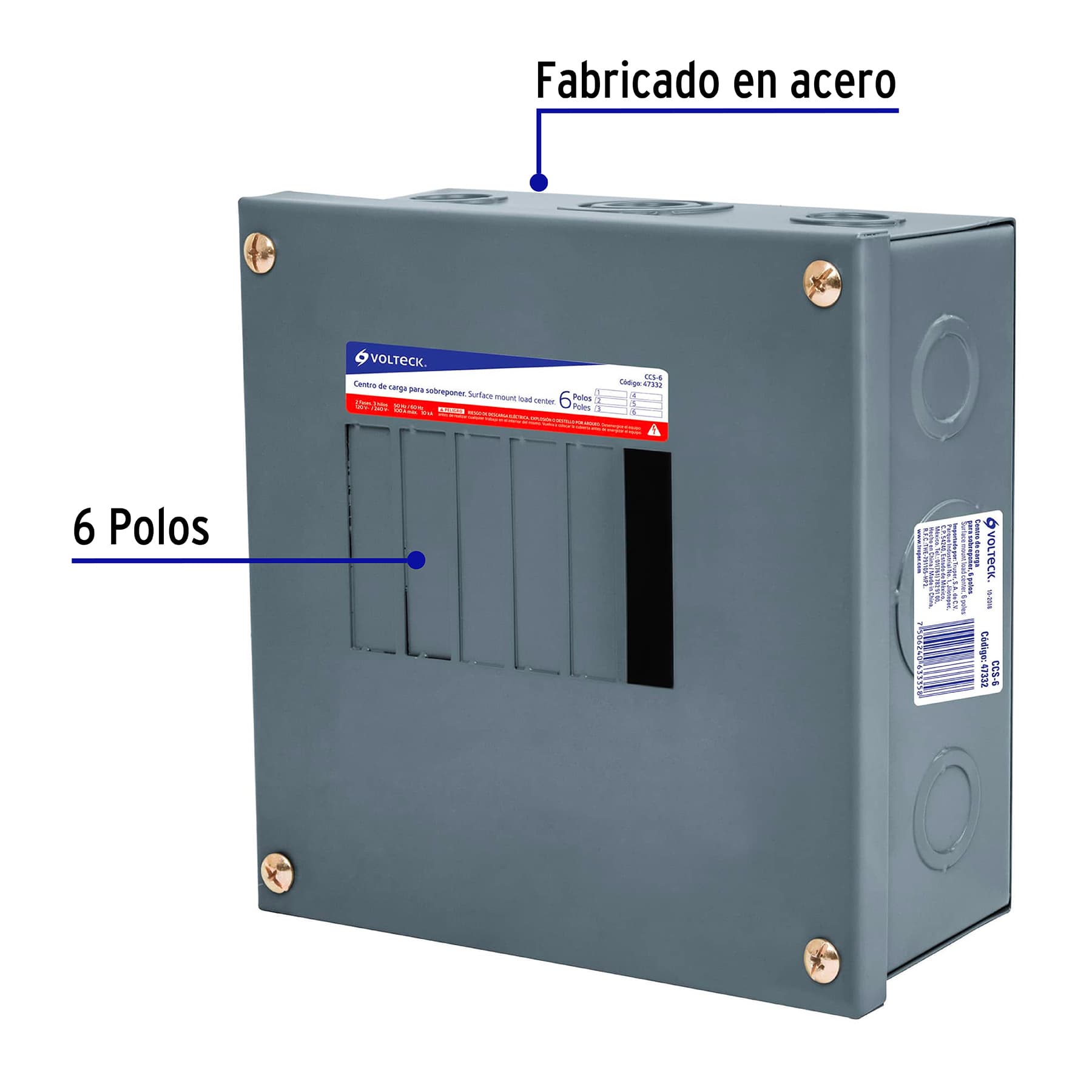 Centro de carga metálico 6 polos 100A de sobreponer, VOLTECK