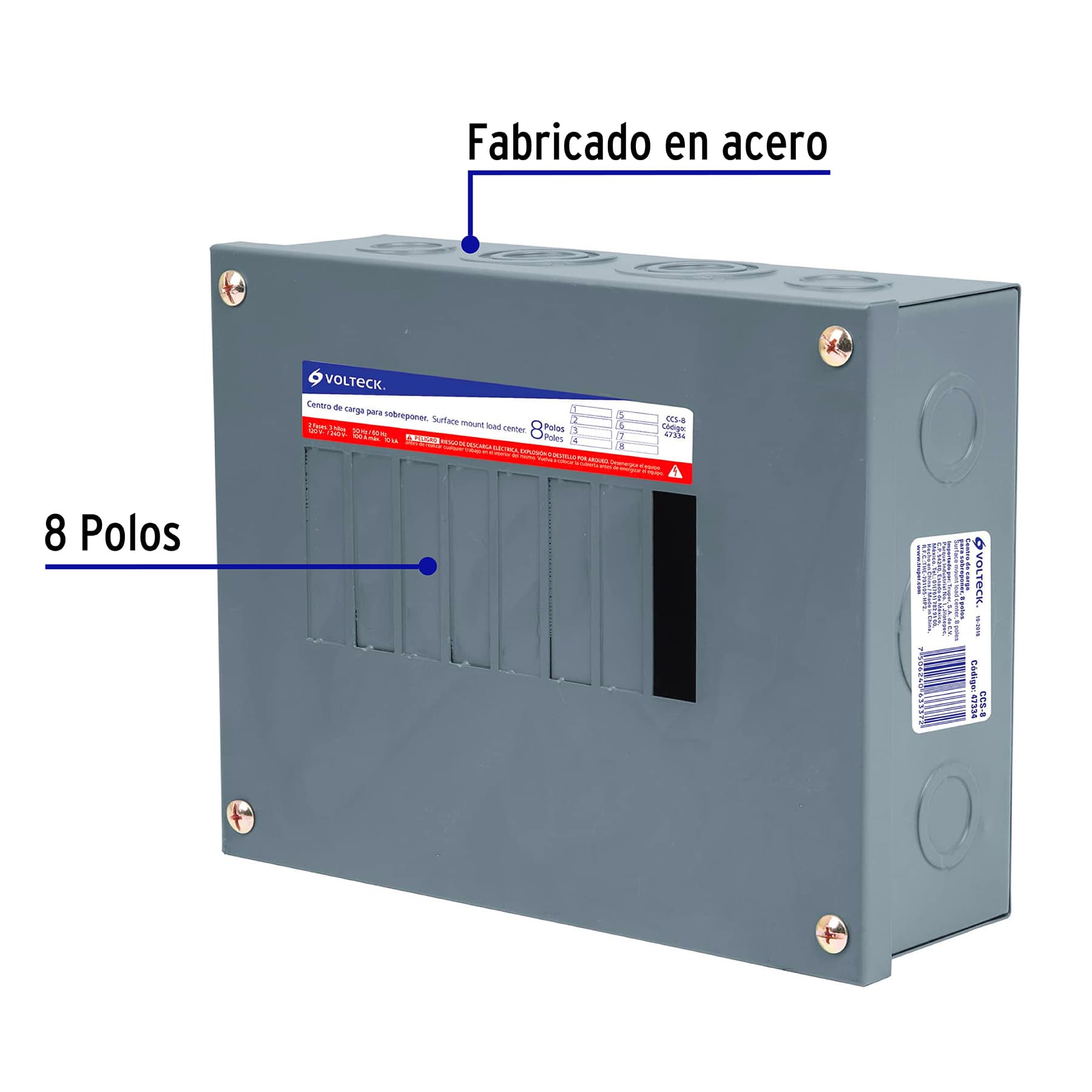 Centro de carga metálico 8 polos 100A de sobreponer, VOLTECK