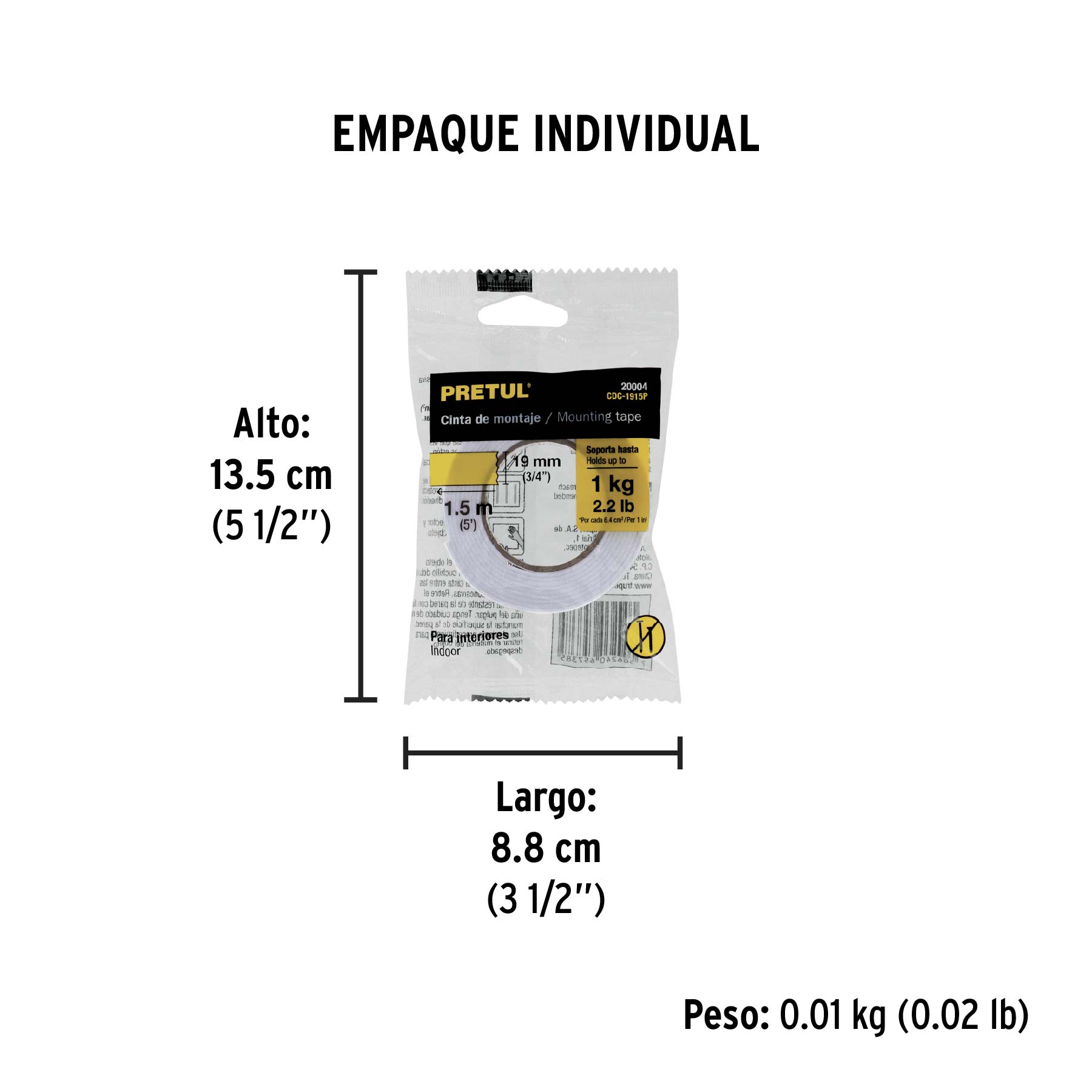 Cinta doble cara de 19 mm x 1.5 m, PRETUL - Empaque