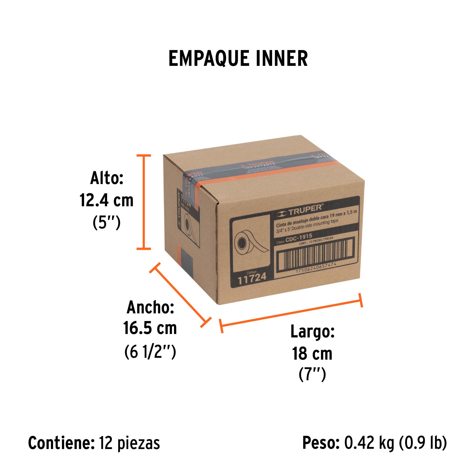 Cinta doble cara de 19 mm x 1.5 m, TRUPER - Empaque