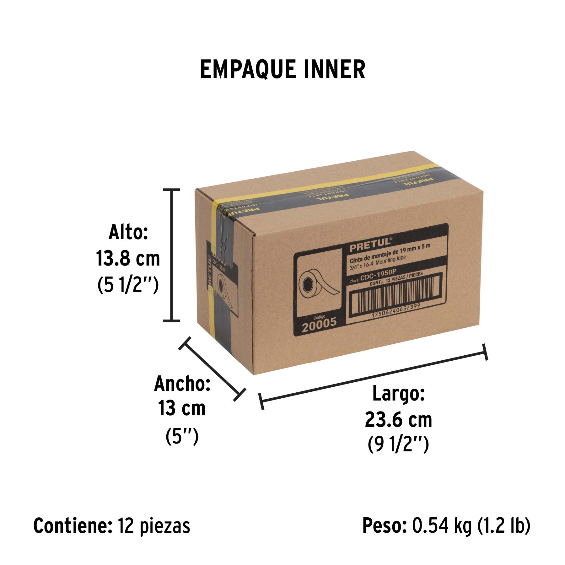 Cinta doble cara de 19 mm x 5 m, PRETUL - Empaque