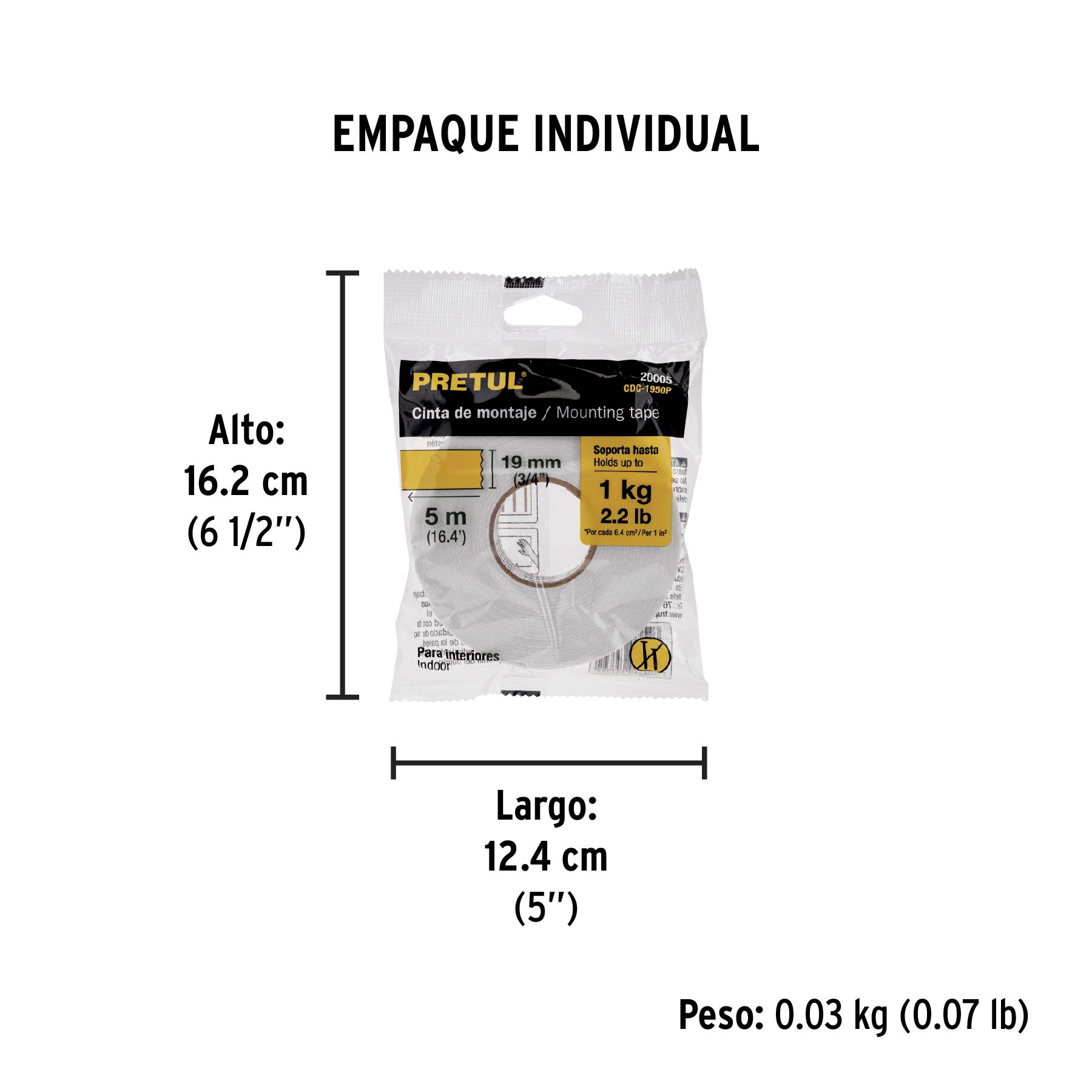 Cinta doble cara de 19 mm x 5 m, PRETUL - Empaque