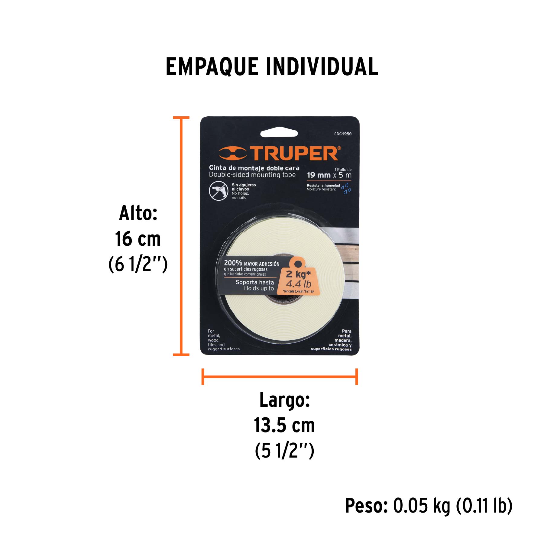Cinta doble cara de 19 mm x 5 m, TRUPER - Empaque