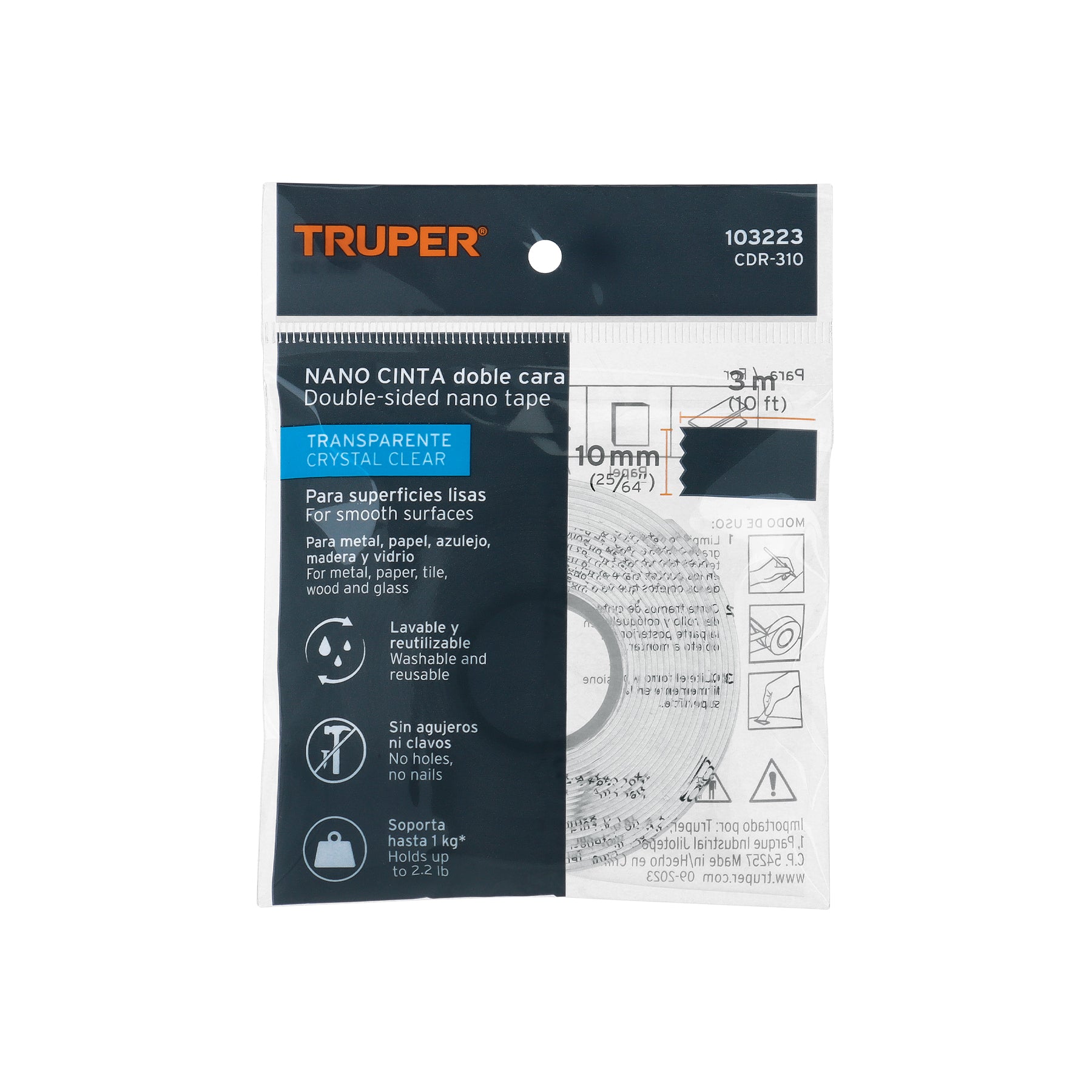 Cinta nano doble cara reutilizable, transparente 3 m x 10 mm