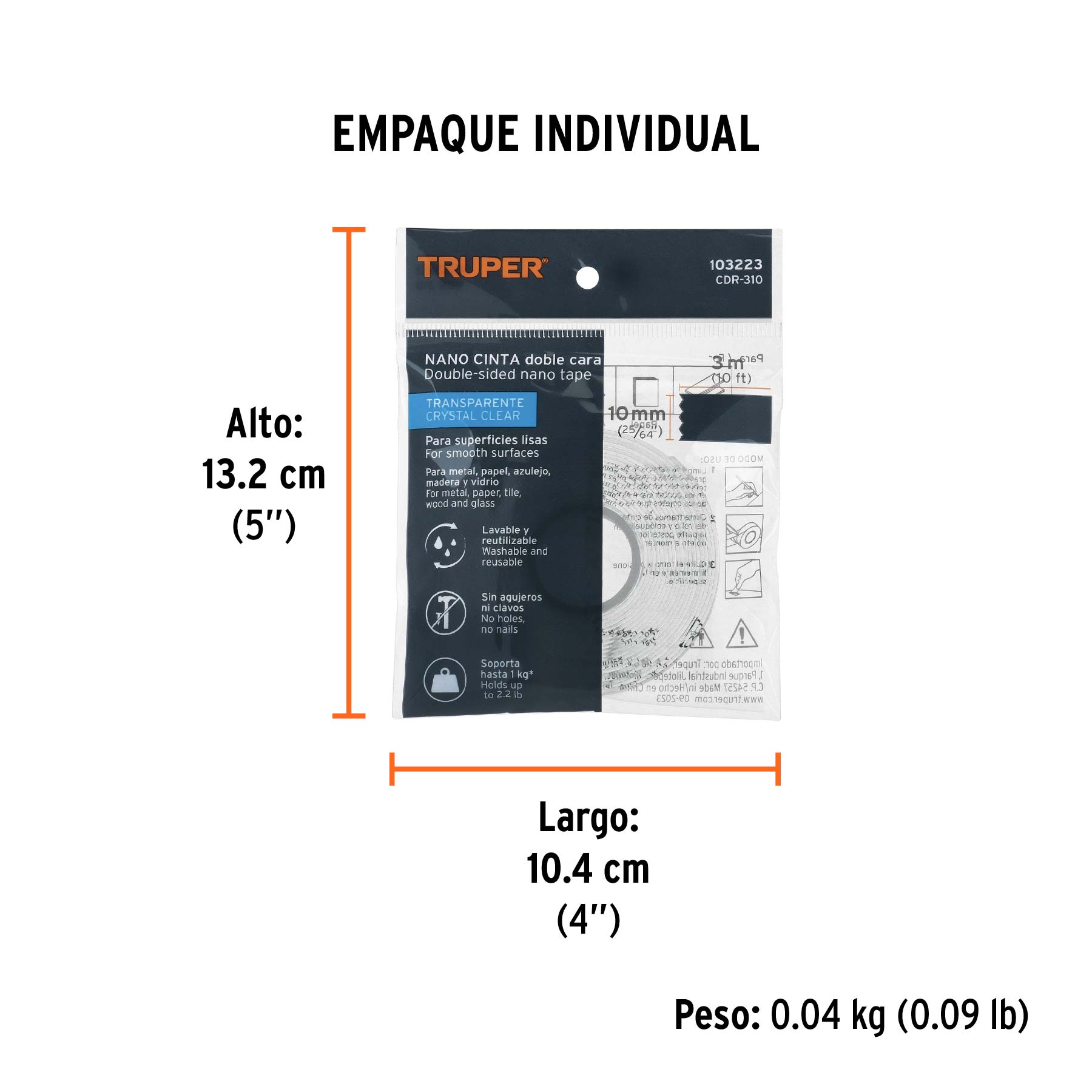 Cinta nano doble cara reutilizable, transparente 3 m x 10 mm - Empaque