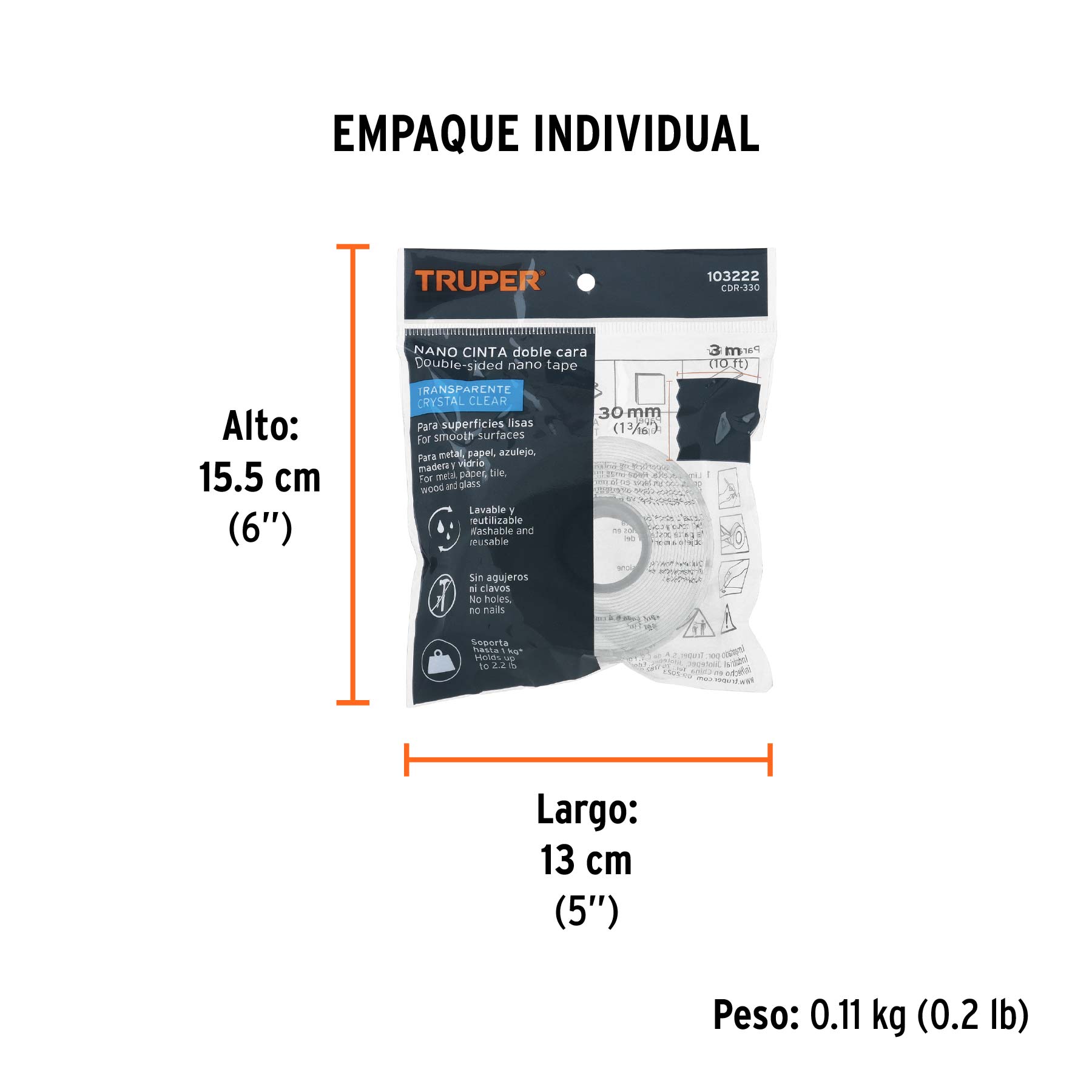 Cinta nano doble cara reutilizable, transparente 3 m x 30 mm - Empaque