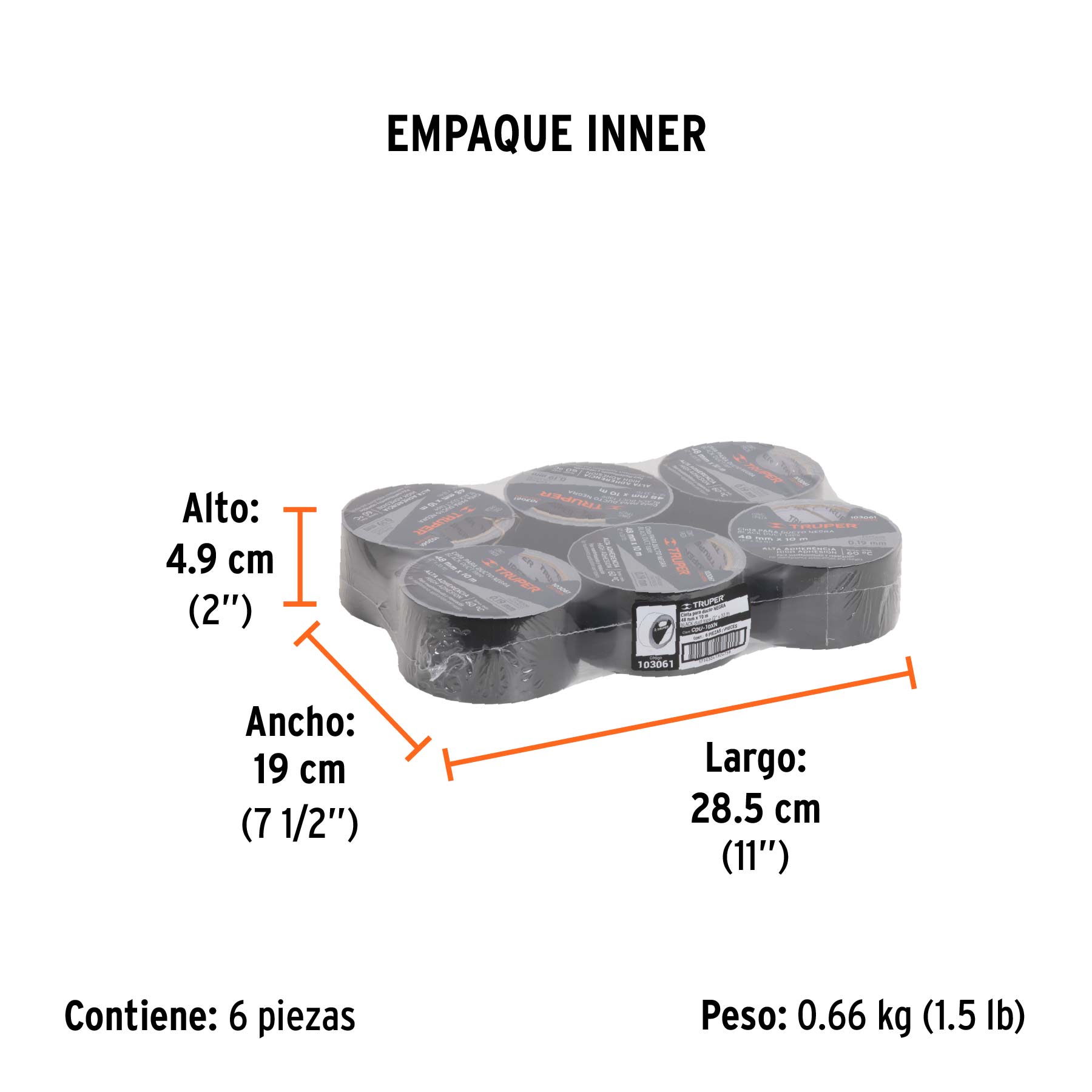 Cinta negra para ducto 10m x 48mm, espesor 0.19mm, TRUPER - Empaque