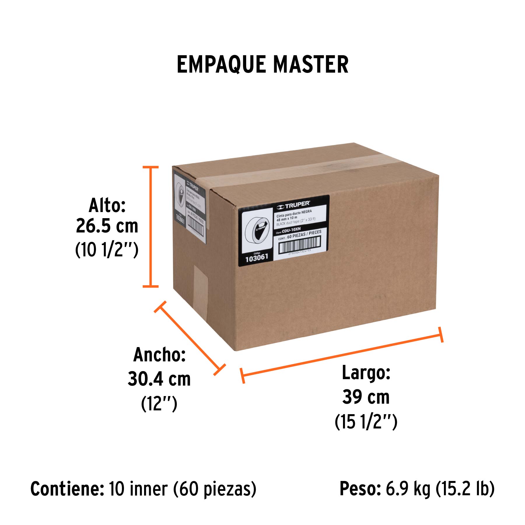 Cinta negra para ducto 10m x 48mm, espesor 0.19mm, TRUPER - Empaque