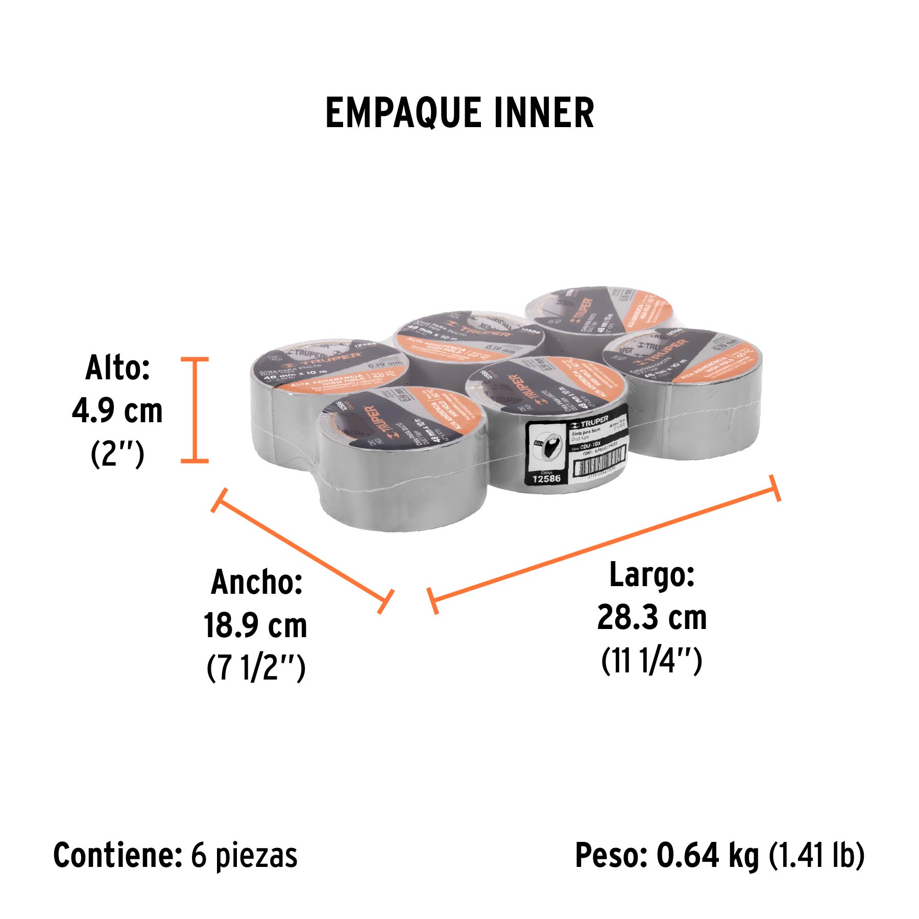 Cinta para ducto 10m x 48mm, espesor 0.19mm, TRUPER - Empaque