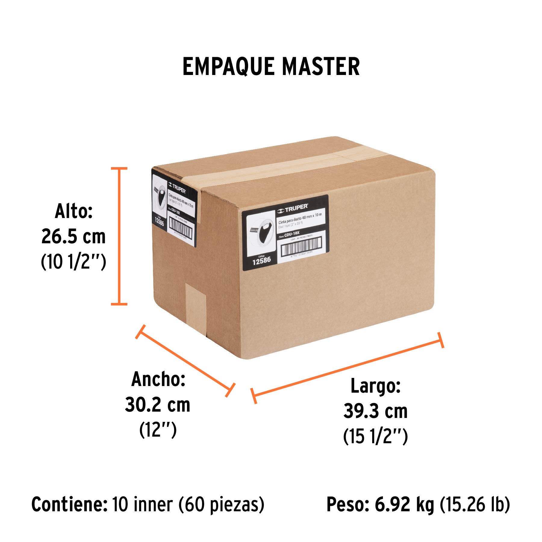 Cinta para ducto 10m x 48mm, espesor 0.19mm, TRUPER - Empaque
