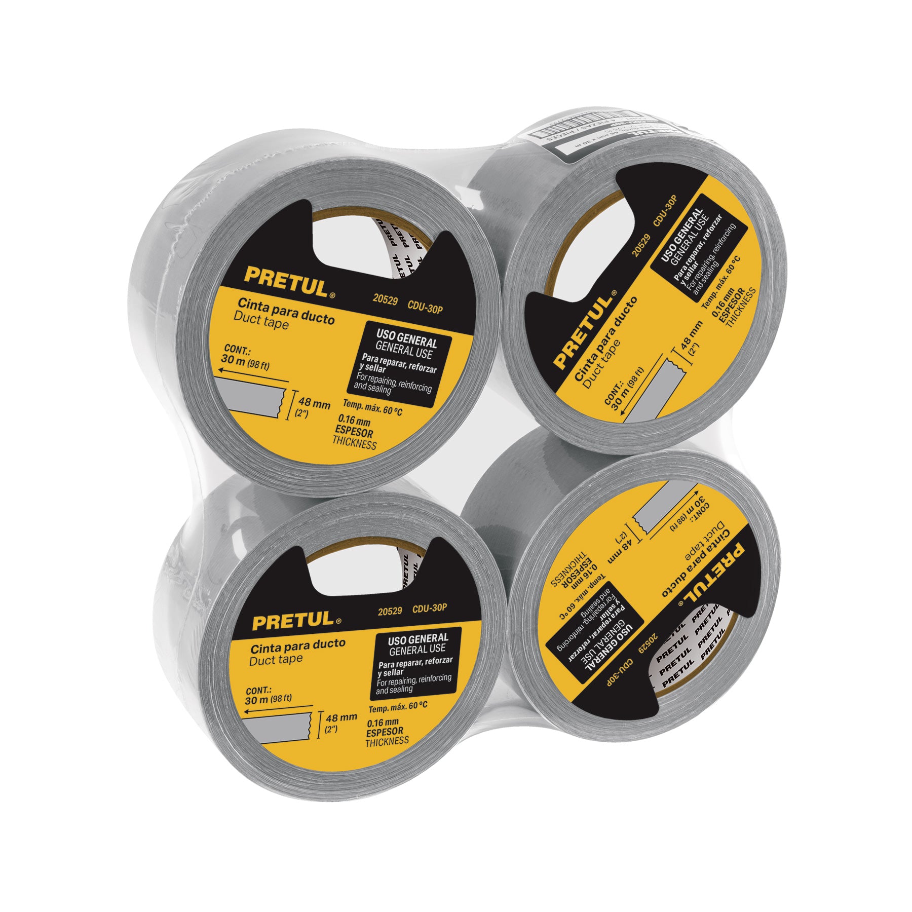 Cinta para ducto 30m x 48mm, espesor 0.16mm, PRETUL