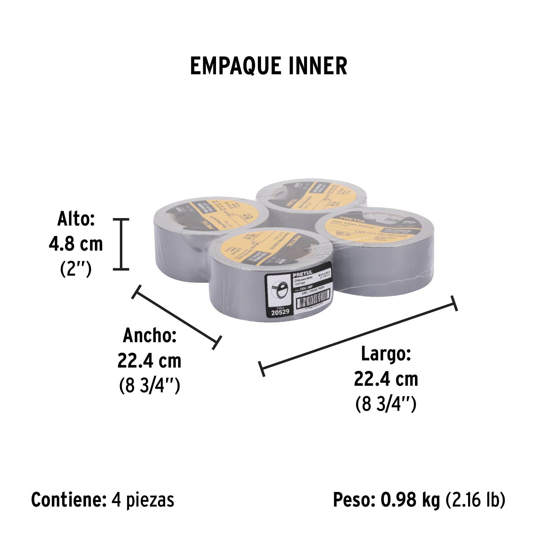 Cinta para ducto 30m x 48mm, espesor 0.16mm, PRETUL - Empaque