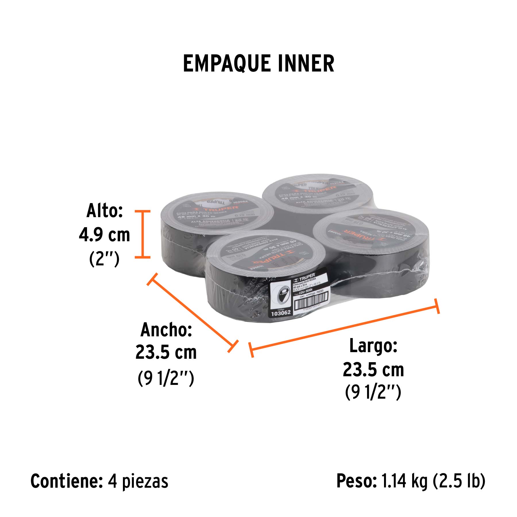 Cinta negra para ducto 30m x 48mm, espesor 0.19mm, TRUPER - Empaque