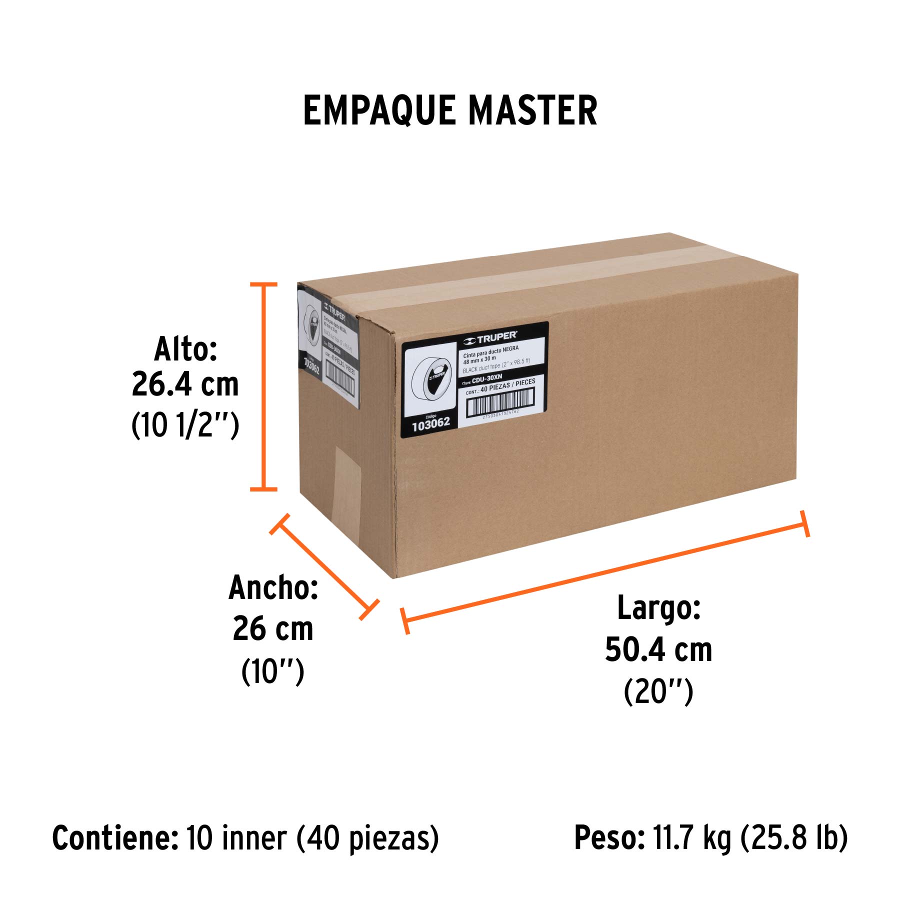 Cinta negra para ducto 30m x 48mm, espesor 0.19mm, TRUPER - Empaque