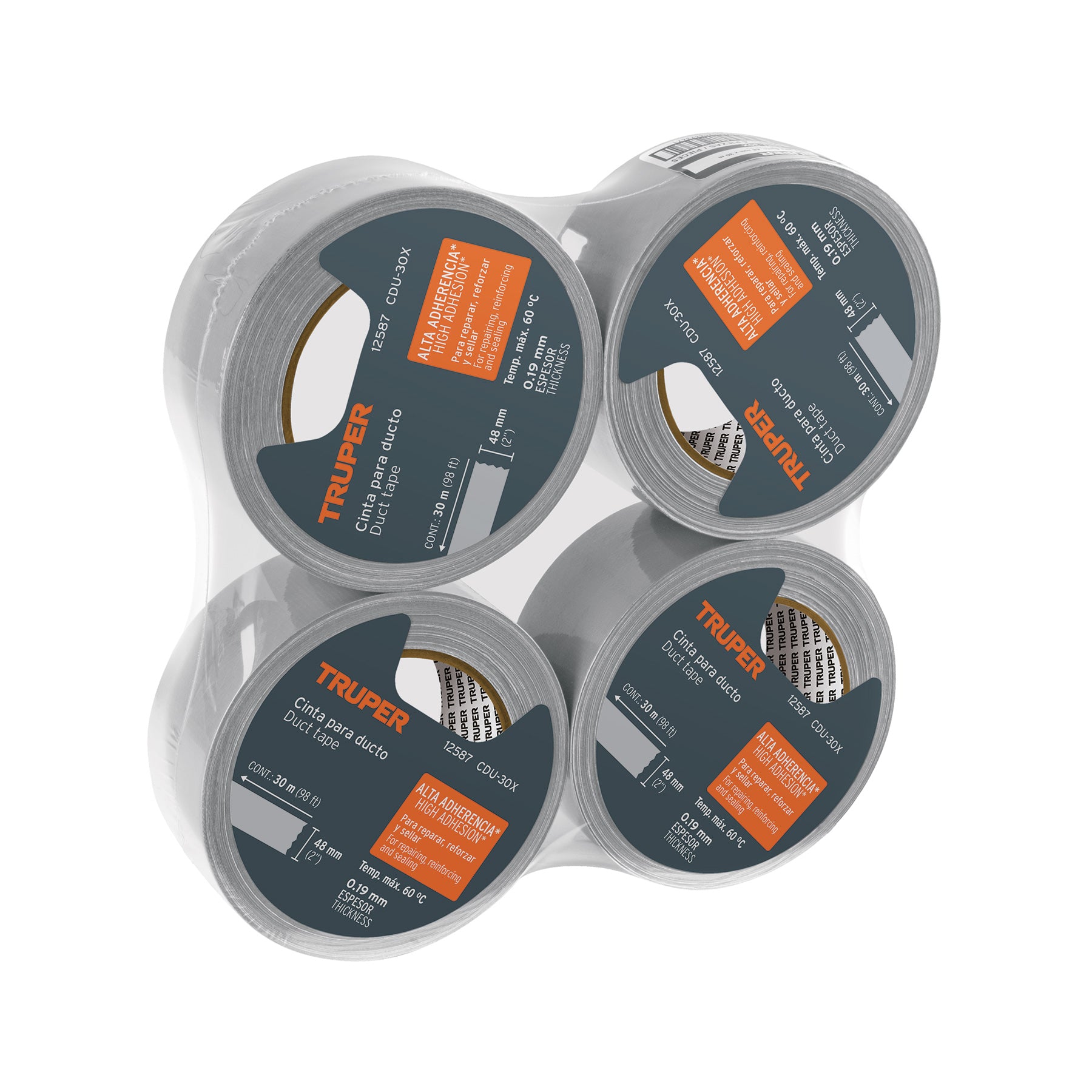 Cinta para ducto 30m x 48mm, espesor 0.19mm, TRUPER