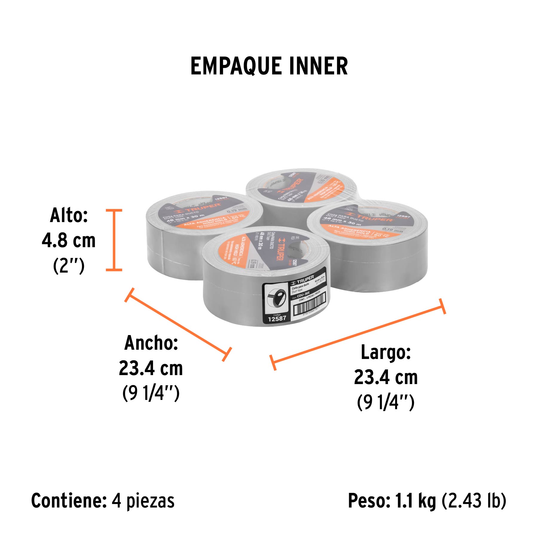 Cinta para ducto 30m x 48mm, espesor 0.19mm, TRUPER - Empaque