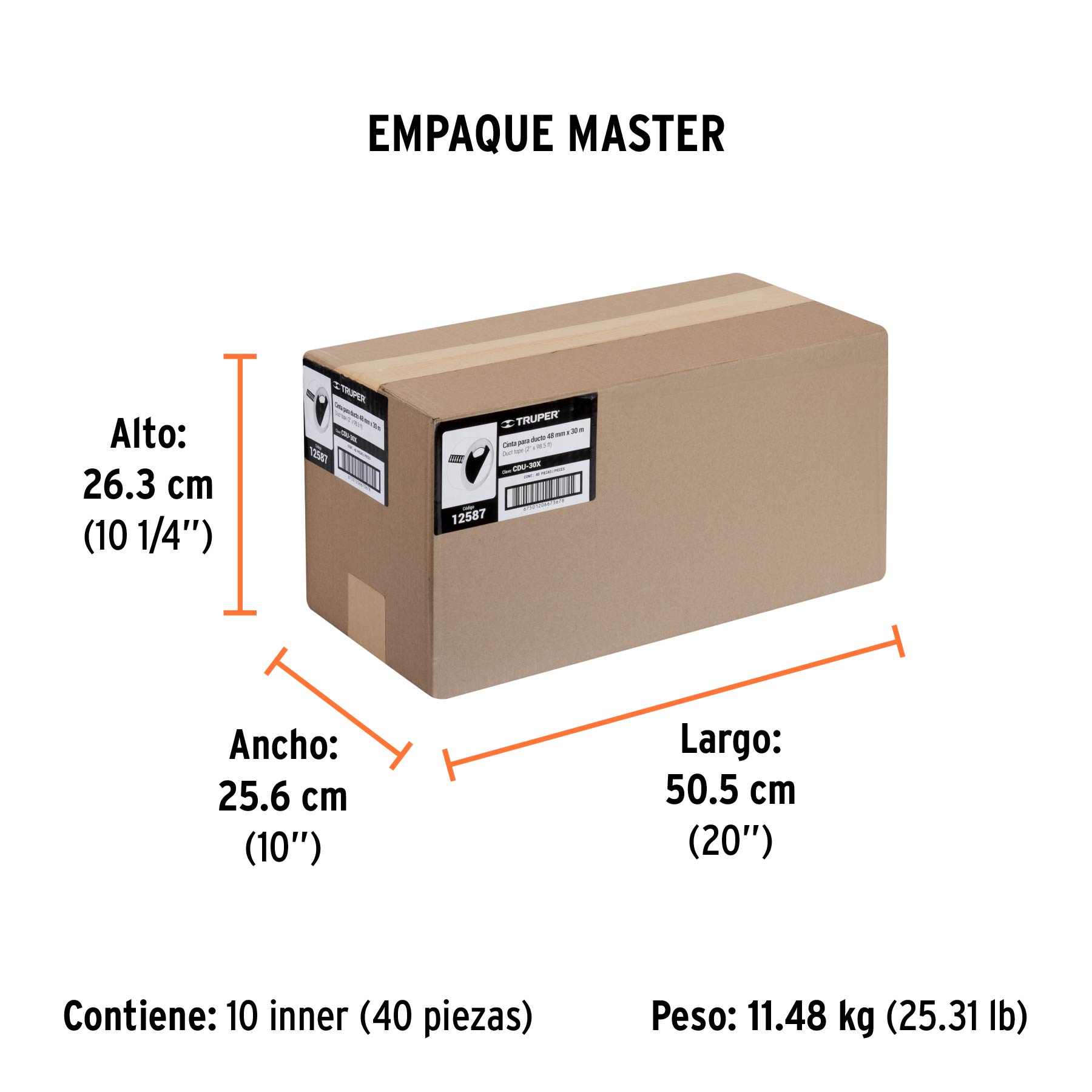 Cinta para ducto 30m x 48mm, espesor 0.19mm, TRUPER - Empaque