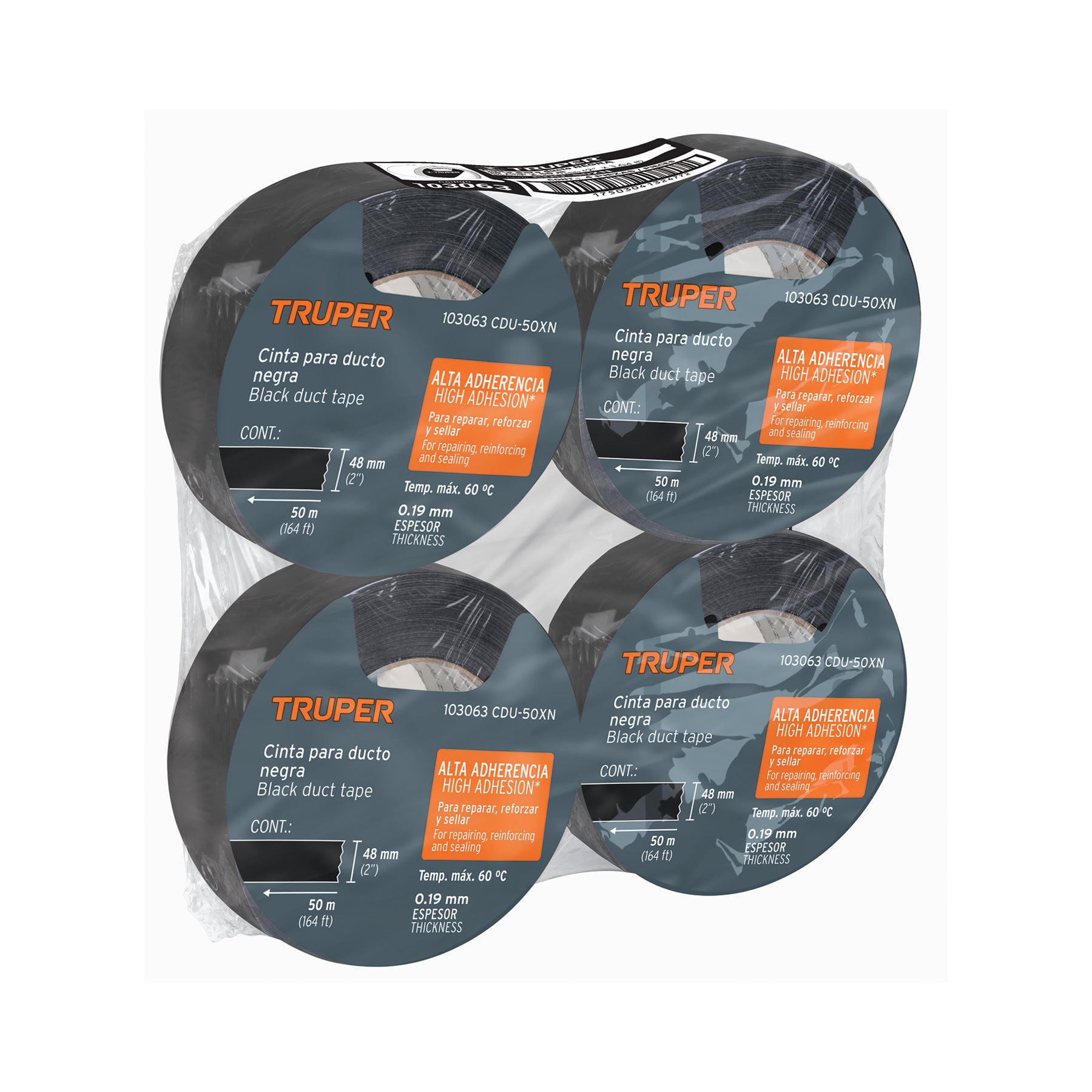 Cinta negra para ducto 50m x 48mm, espesor 0.19mm, TRUPER