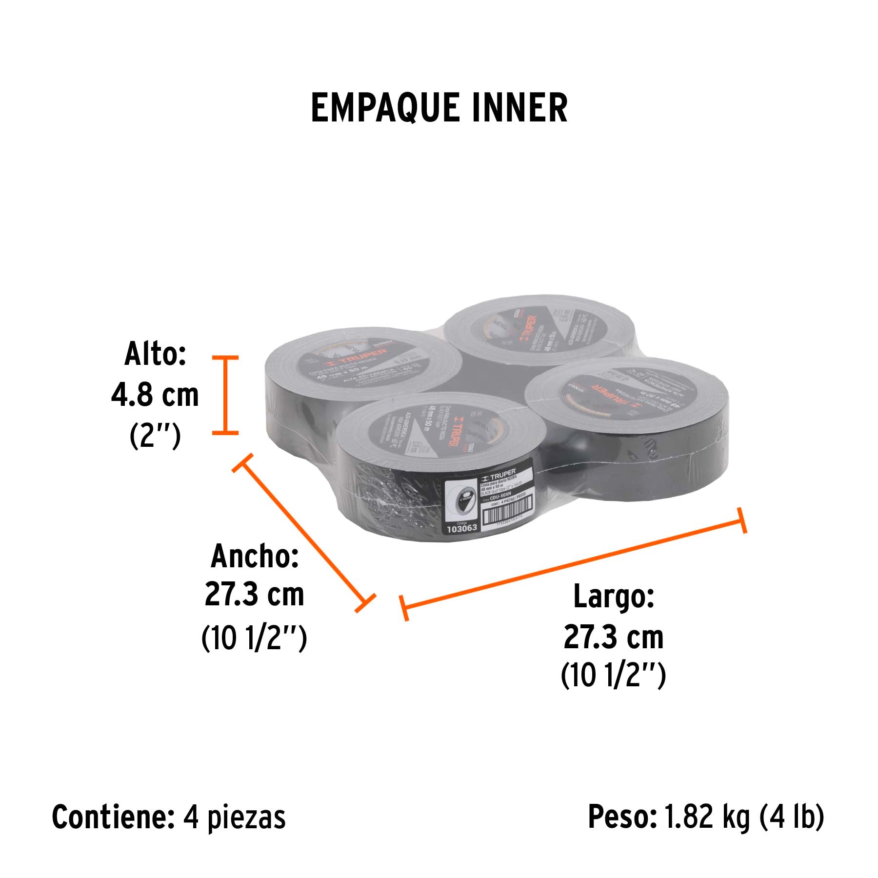 Cinta negra para ducto 50m x 48mm, espesor 0.19mm, TRUPER - Empaque