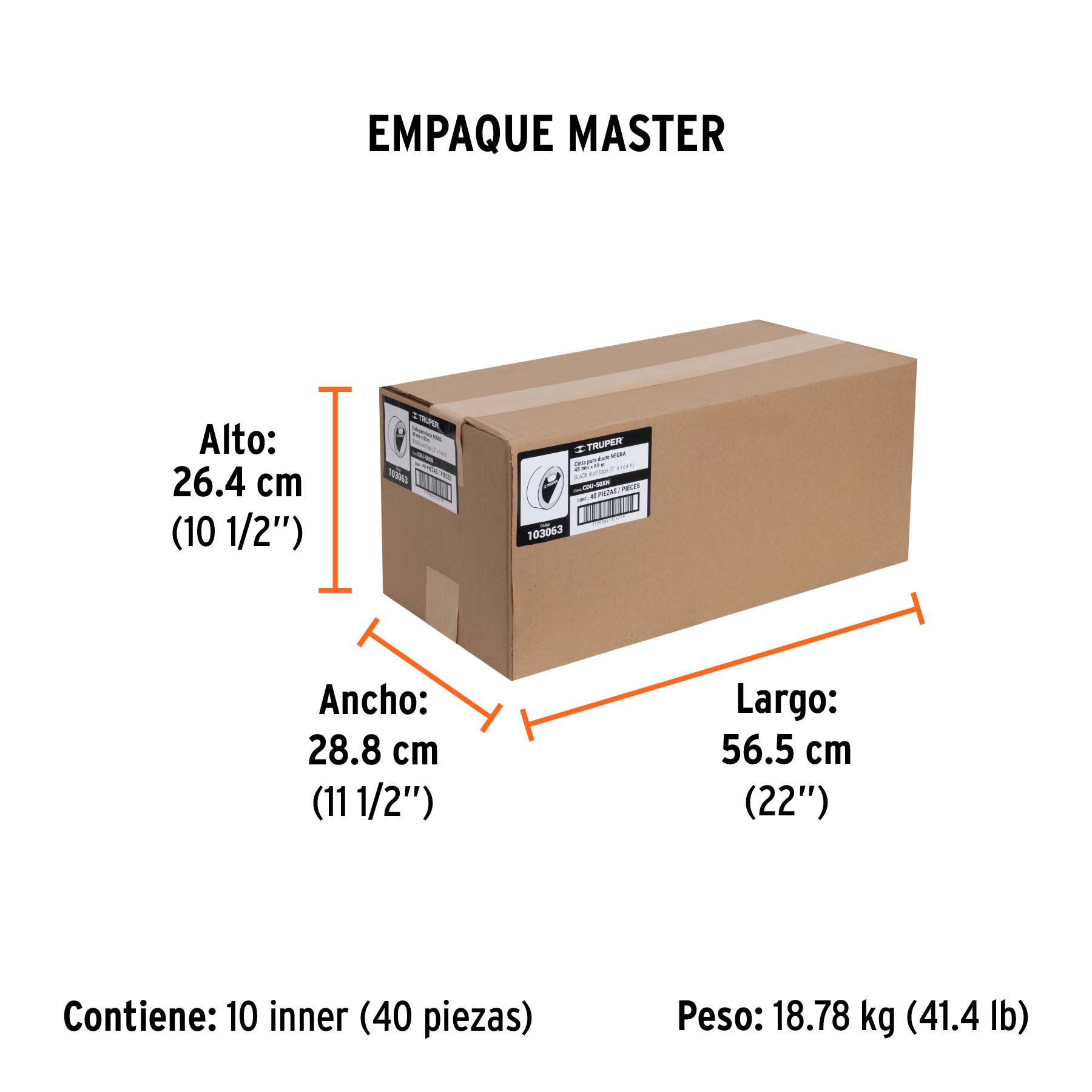 Cinta negra para ducto 50m x 48mm, espesor 0.19mm, TRUPER - Empaque
