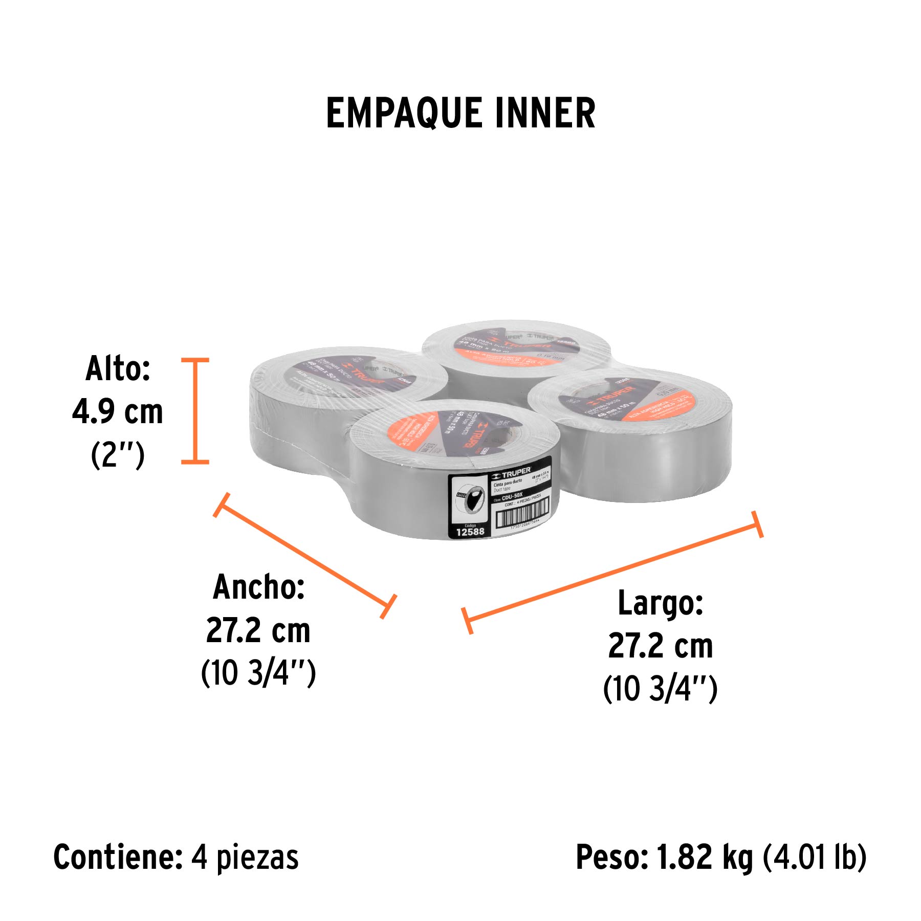 Cinta para ducto 50m x 48mm, espesor 0.19mm, TRUPER - Empaque