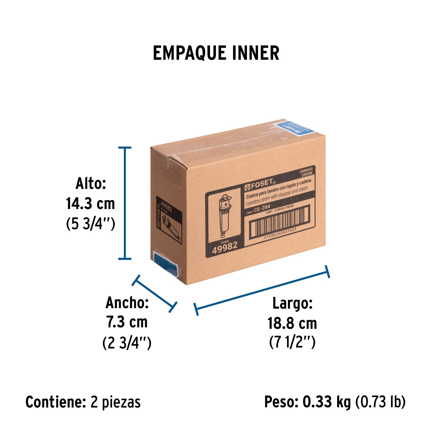 Contra para lavabo, con rebosadero, tapón y cadena, cromo - Empaque