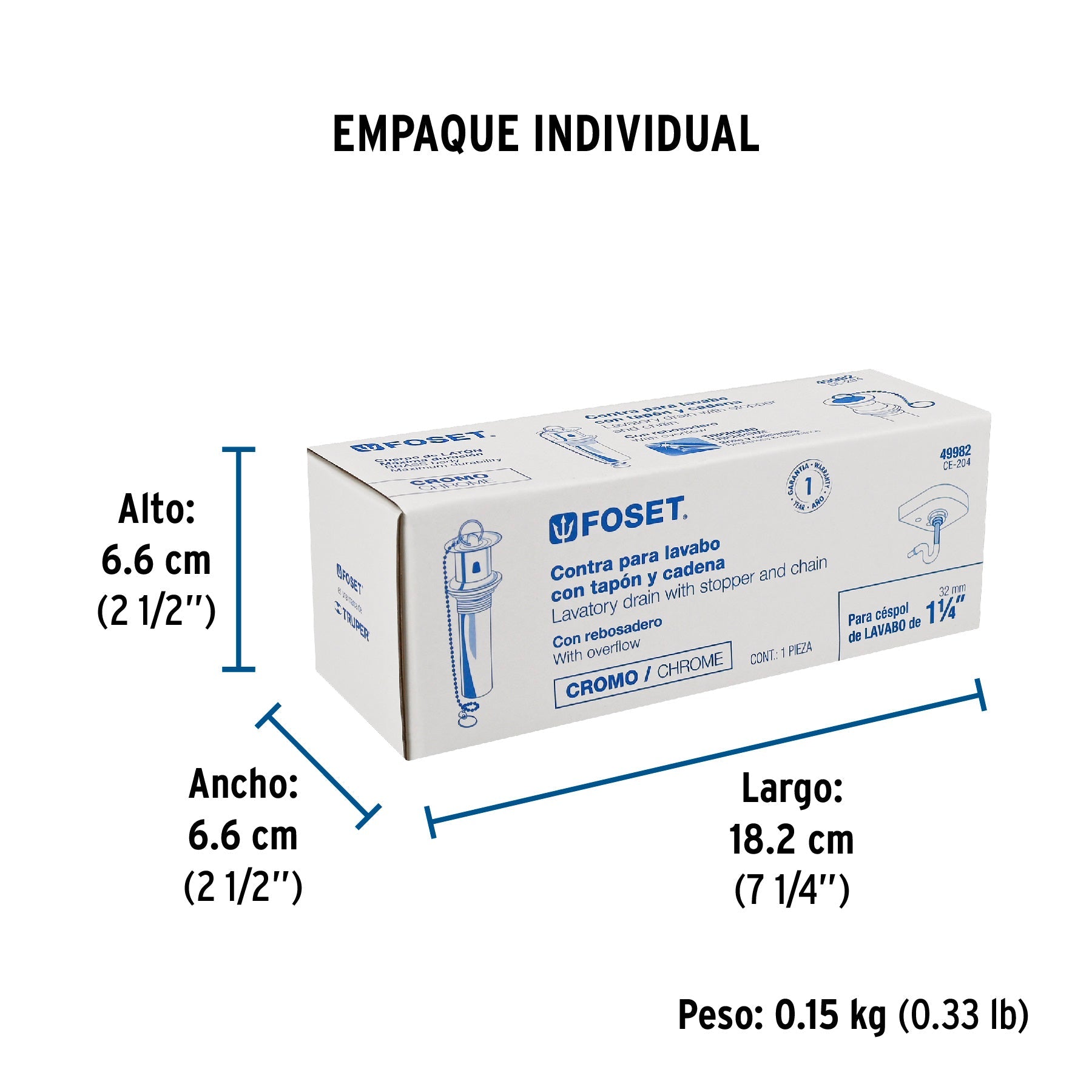 Contra para lavabo, con rebosadero, tapón y cadena, cromo - Empaque