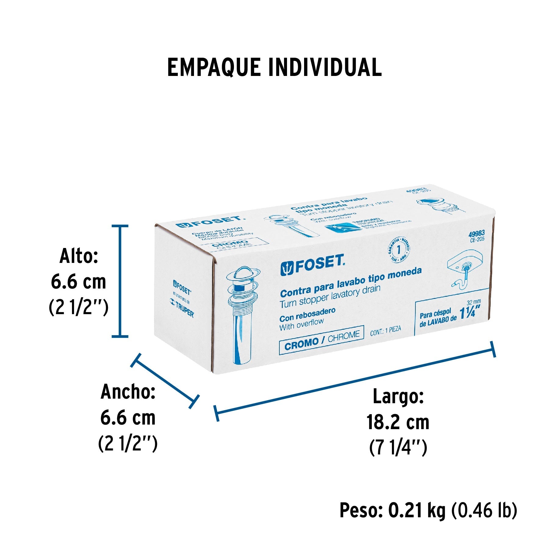 Contra para lavabo, con rebosadero, tipo moneda, cromo - Empaque