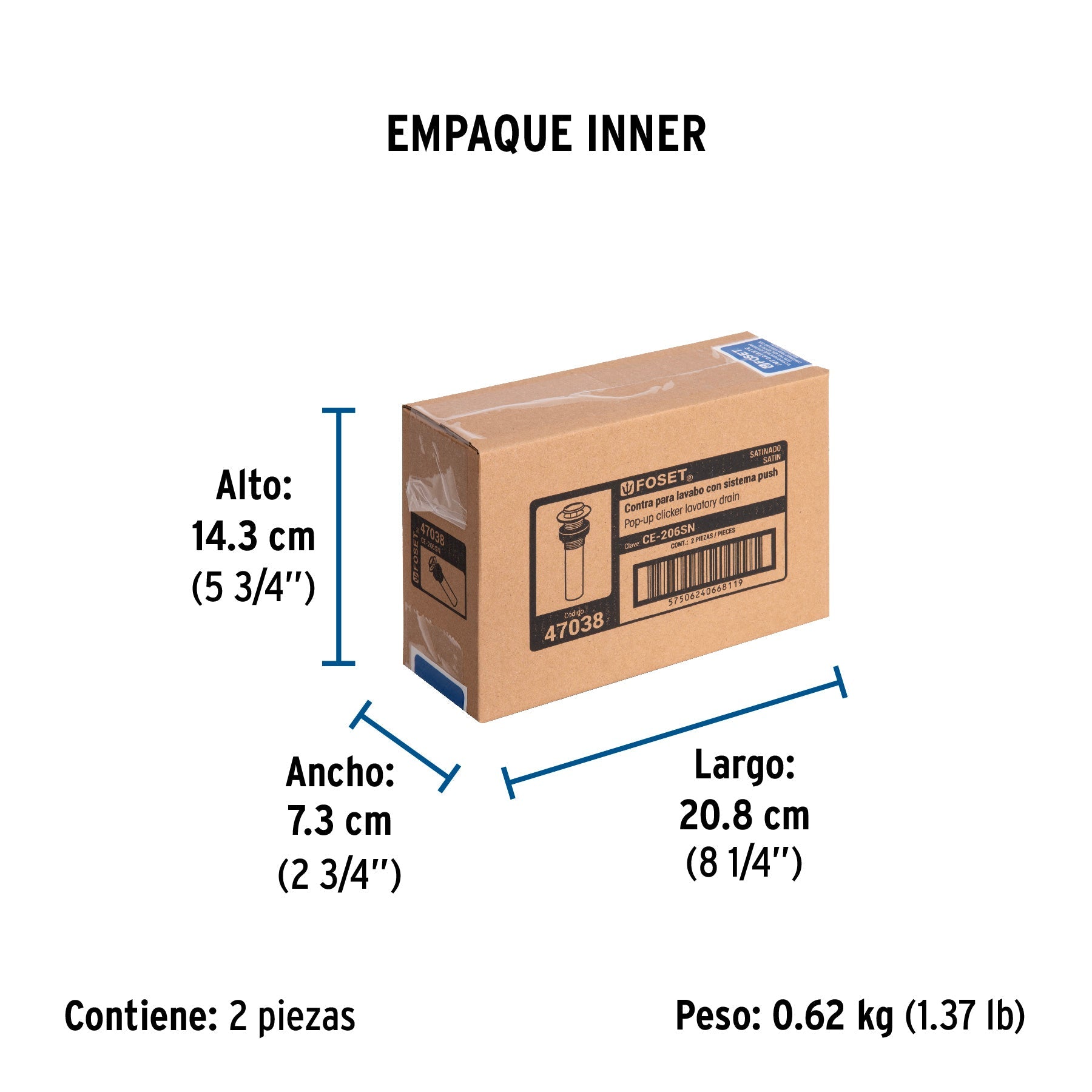 Contra para lavabo, sin rebosadero, sistema push, satín - Empaque