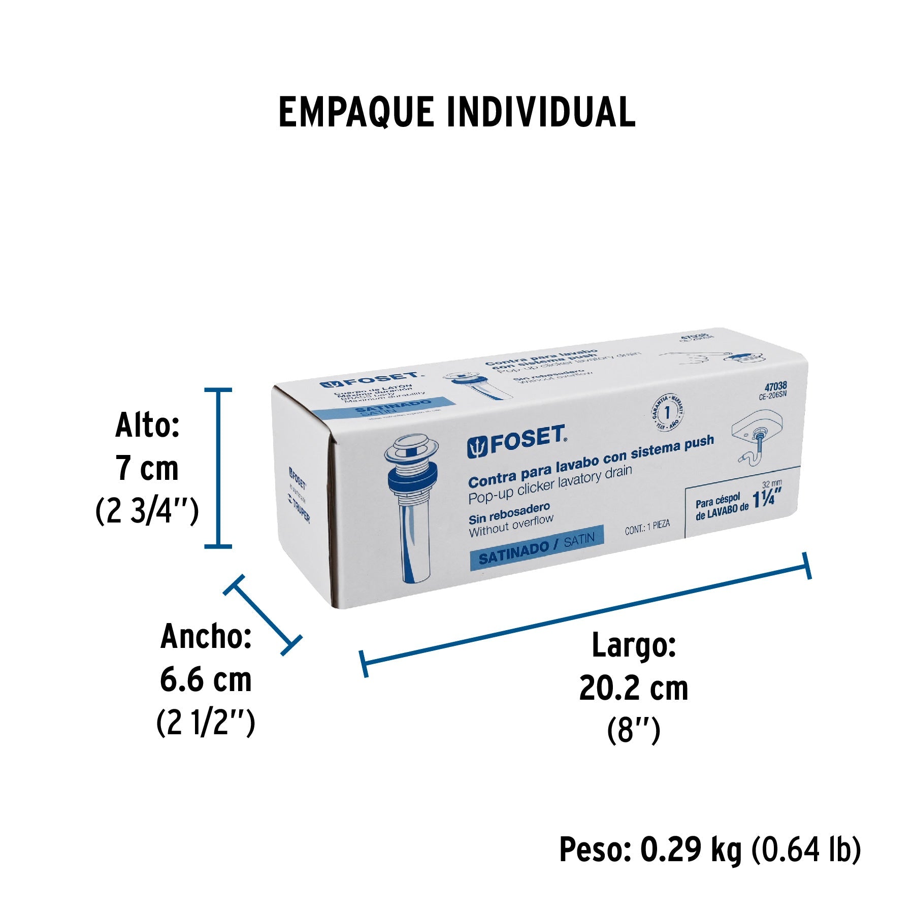 Contra para lavabo, sin rebosadero, sistema push, satín - Empaque