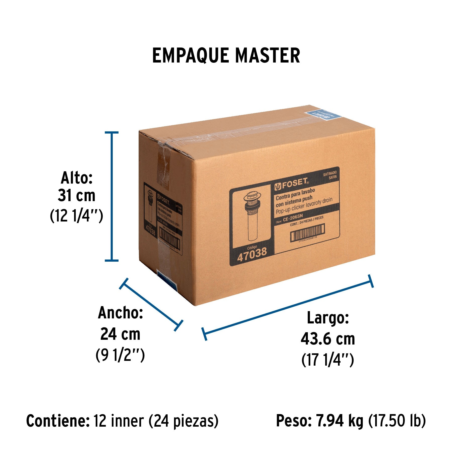 Contra para lavabo, sin rebosadero, sistema push, satín - Empaque