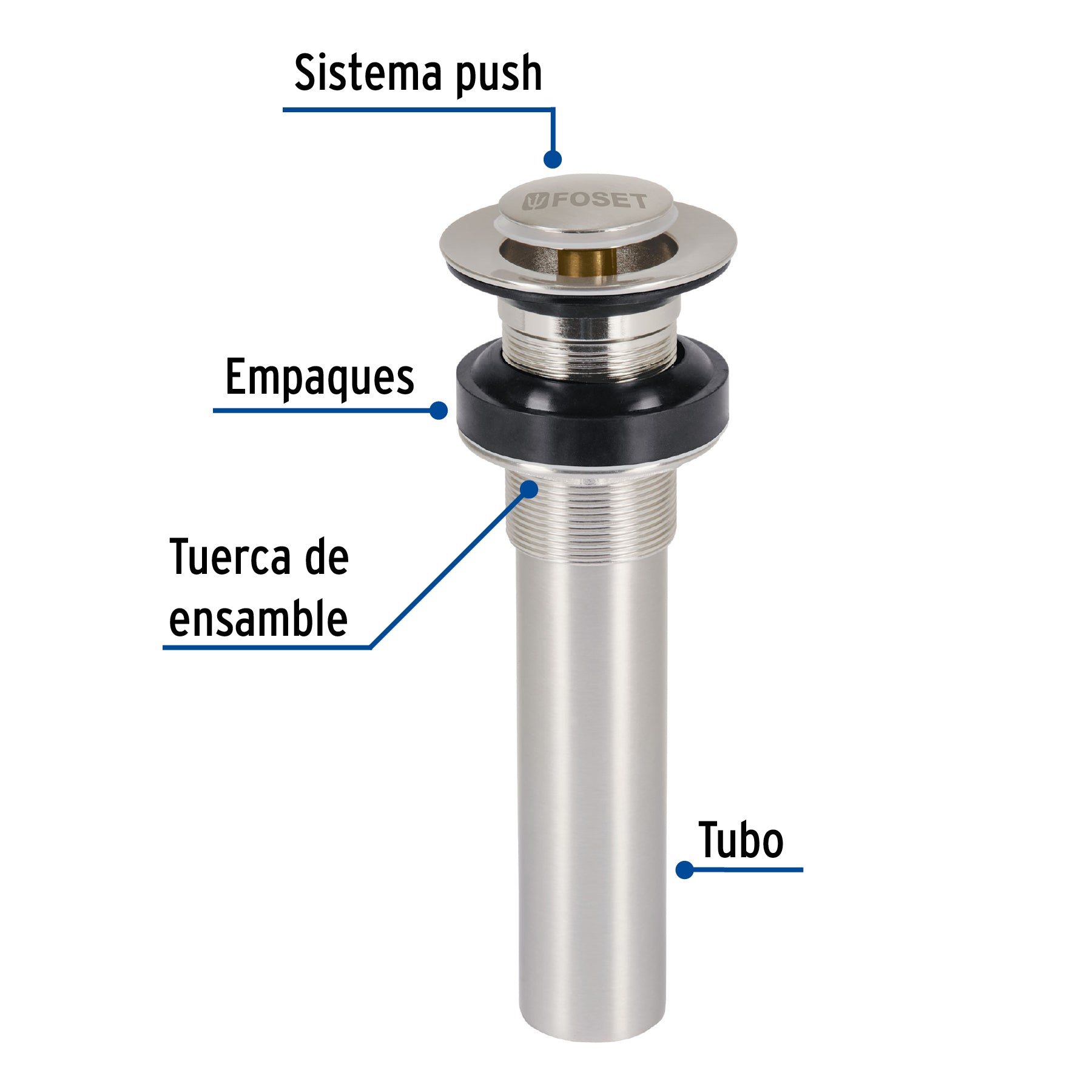 Contra para lavabo, sin rebosadero, sistema push, satín
