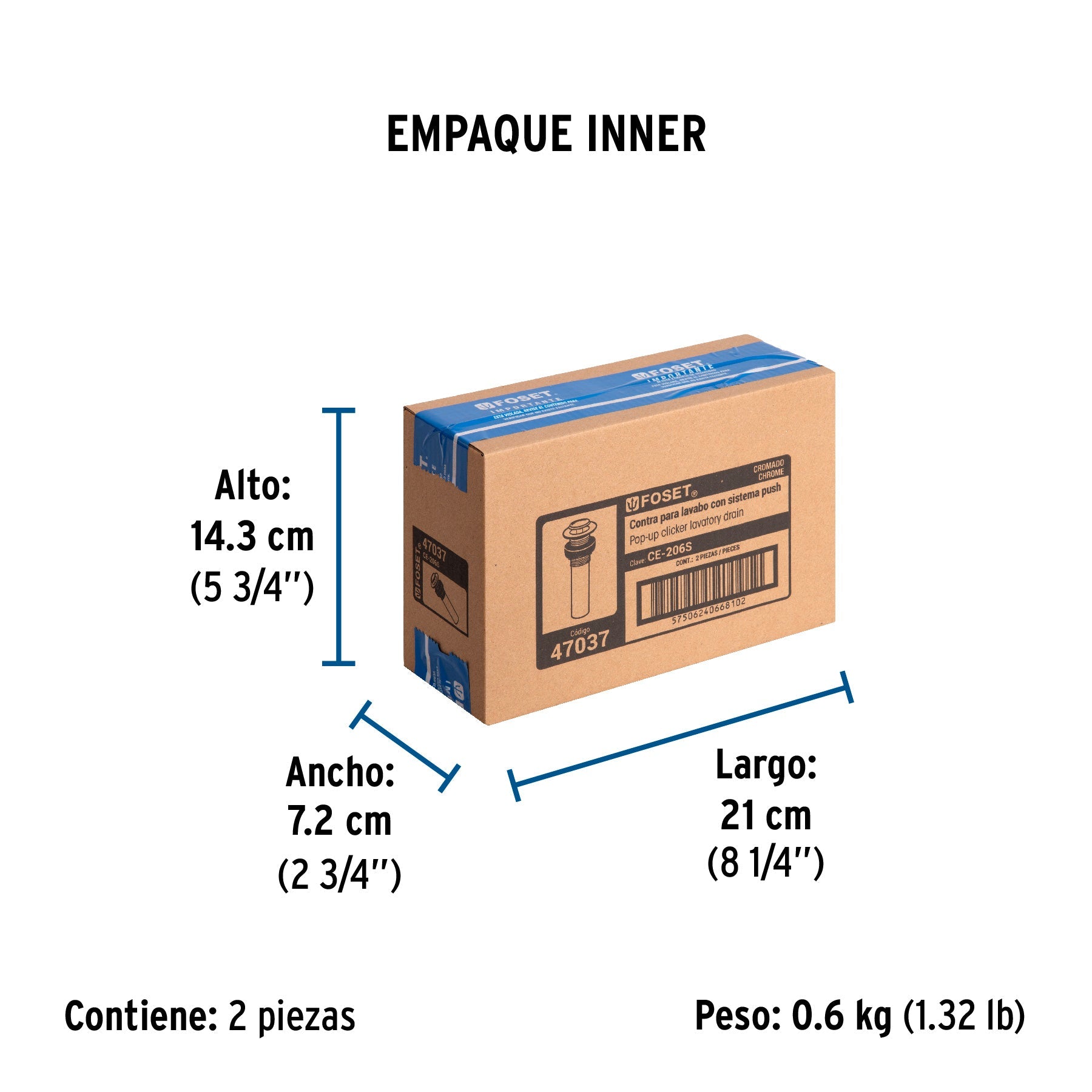 Contra para lavabo, sin rebosadero, sistema push, cromo - Empaque