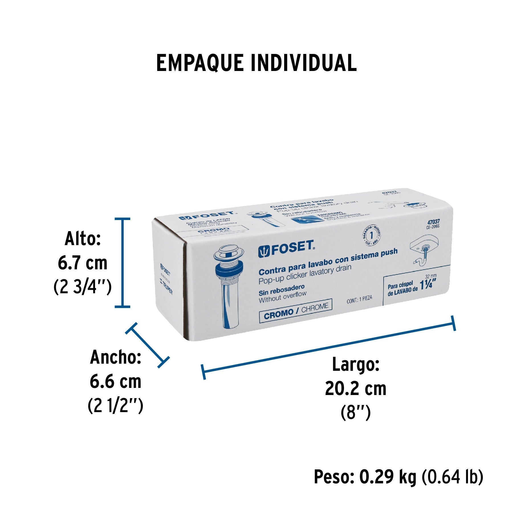Contra para lavabo, sin rebosadero, sistema push, cromo - Empaque