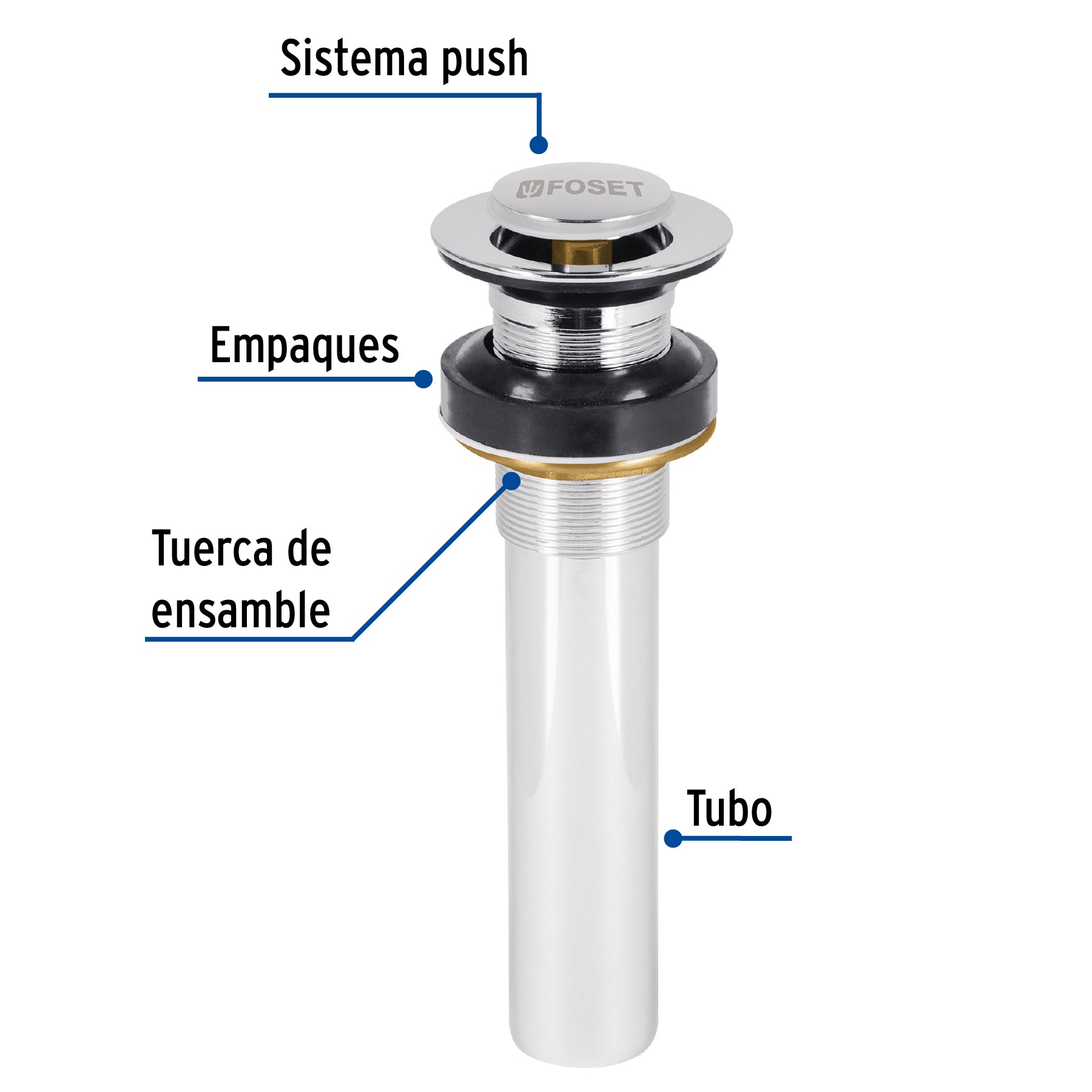 Contra para lavabo, sin rebosadero, sistema push, cromo