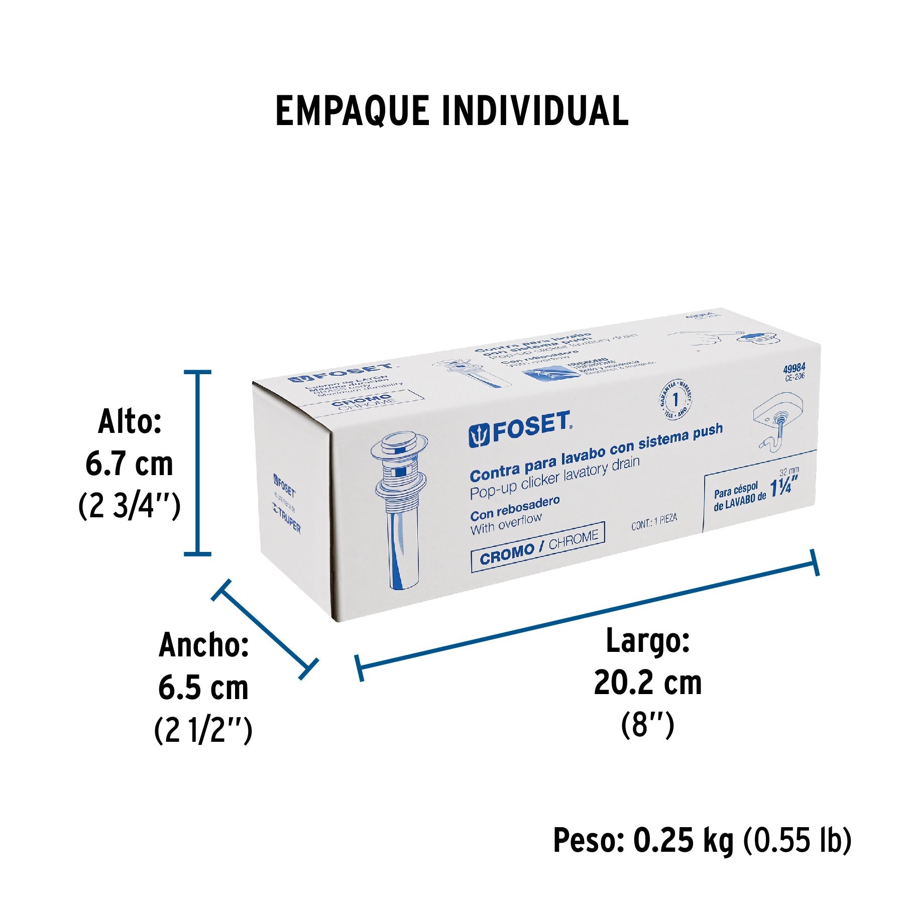 Contra para lavabo, con rebosadero, sistema push, cromo - Empaque