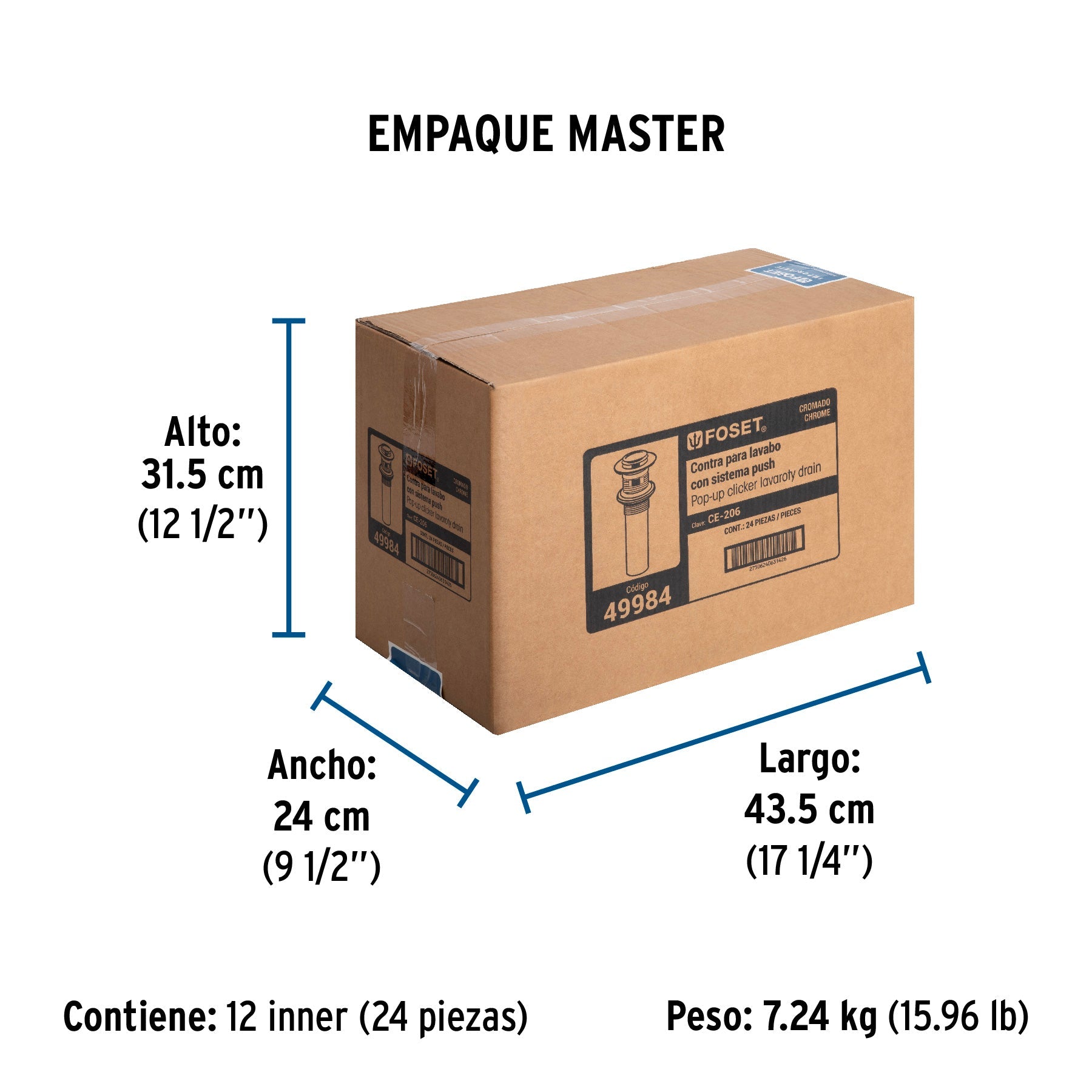 Contra para lavabo, con rebosadero, sistema push, cromo - Empaque