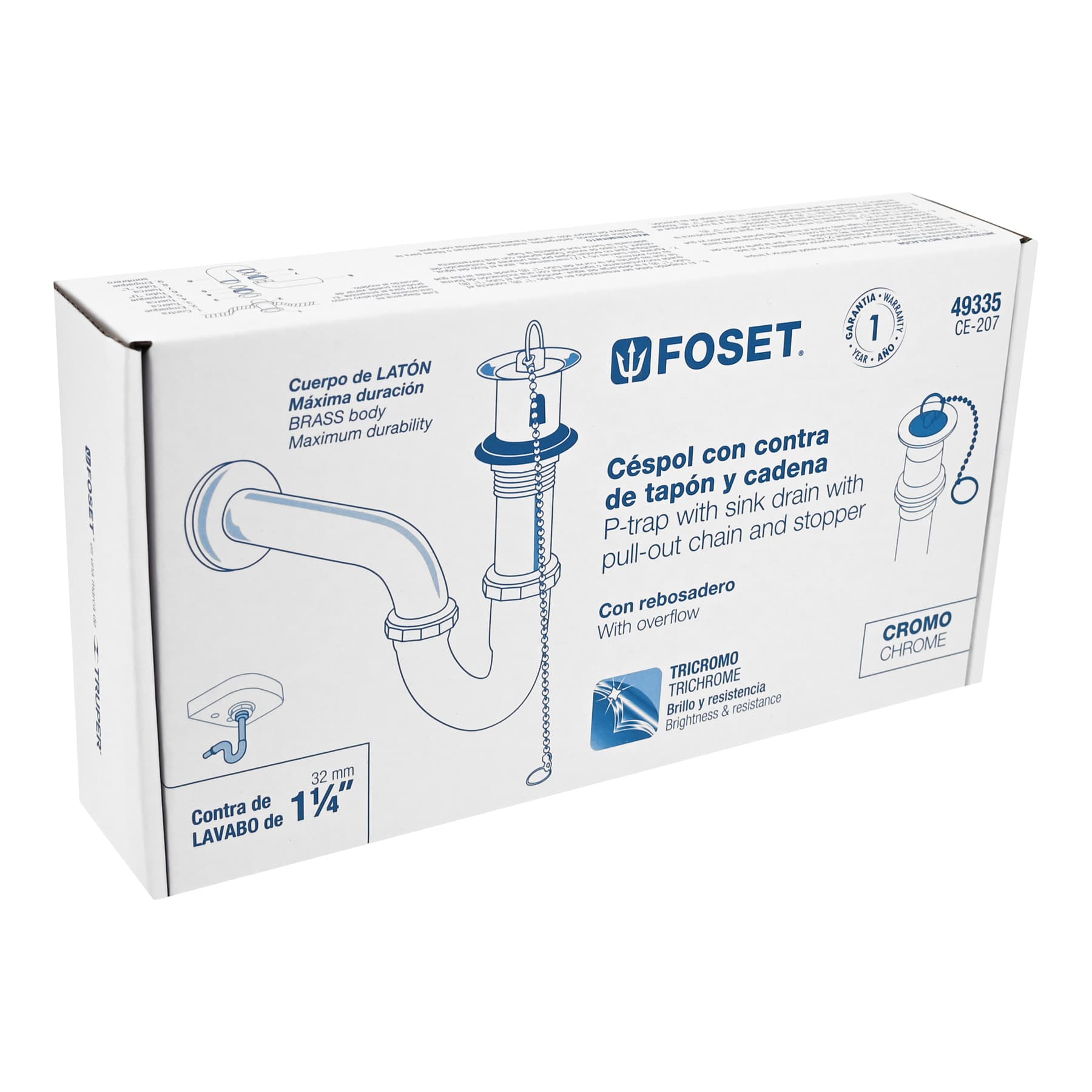 Céspol 1-1/4" c/contra, tapón y cadena, latón cromo,p/lavabo
