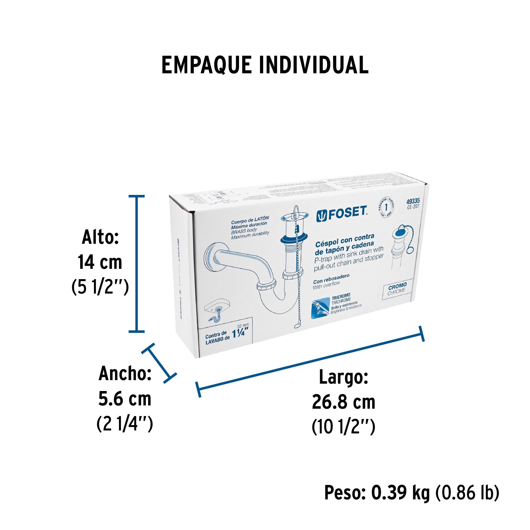 Céspol 1-1/4" c/contra, tapón y cadena, latón cromo,p/lavabo - Empaque
