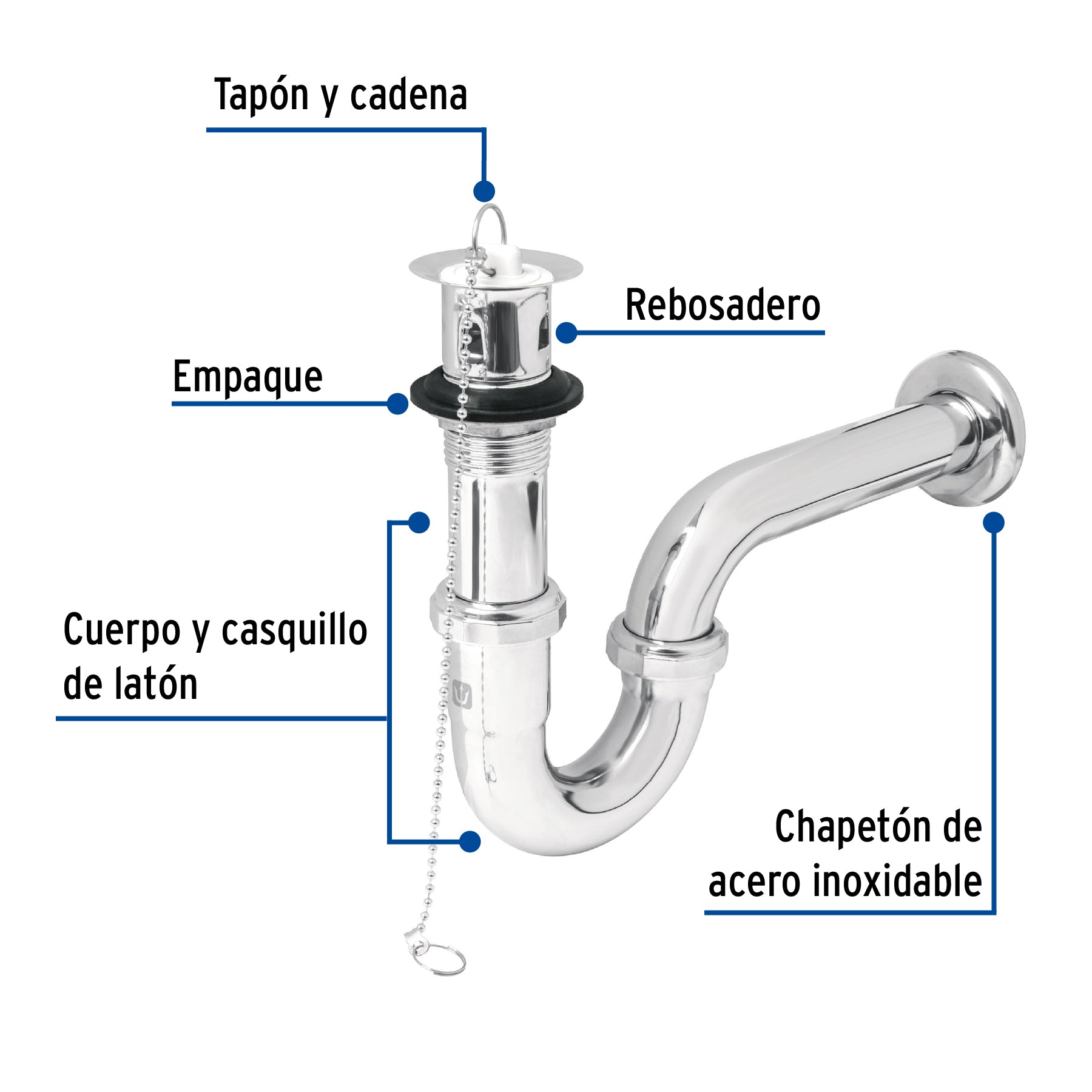 Céspol 1-1/4" c/contra, tapón y cadena, latón cromo,p/lavabo