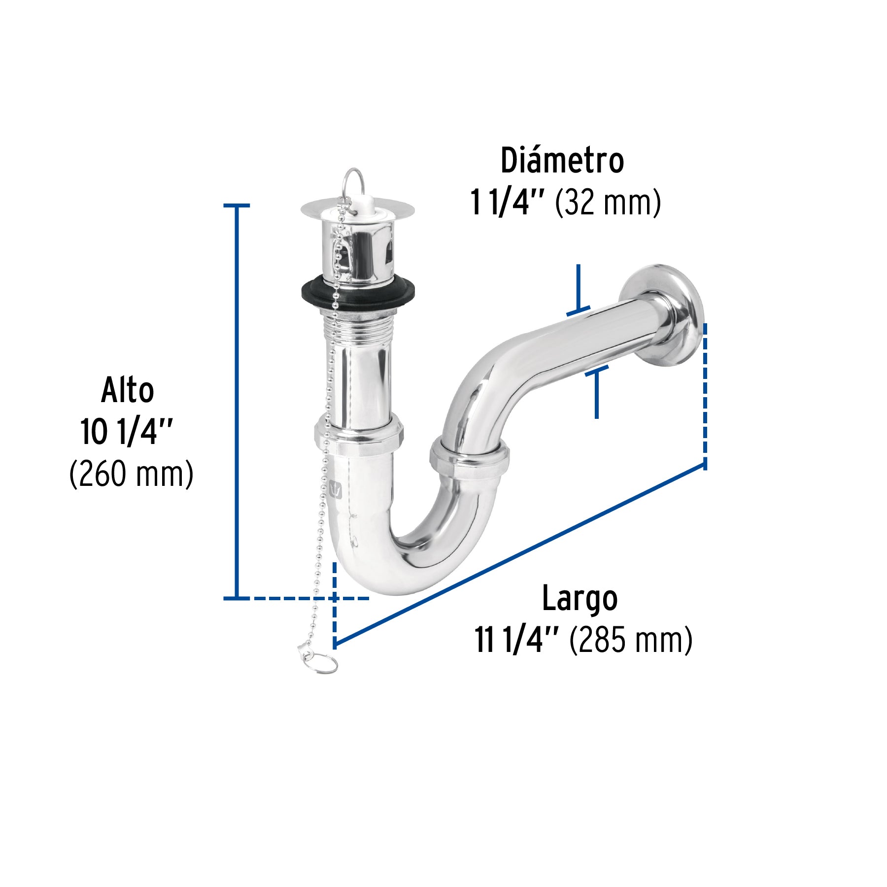 Céspol 1-1/4" c/contra, tapón y cadena, latón cromo,p/lavabo