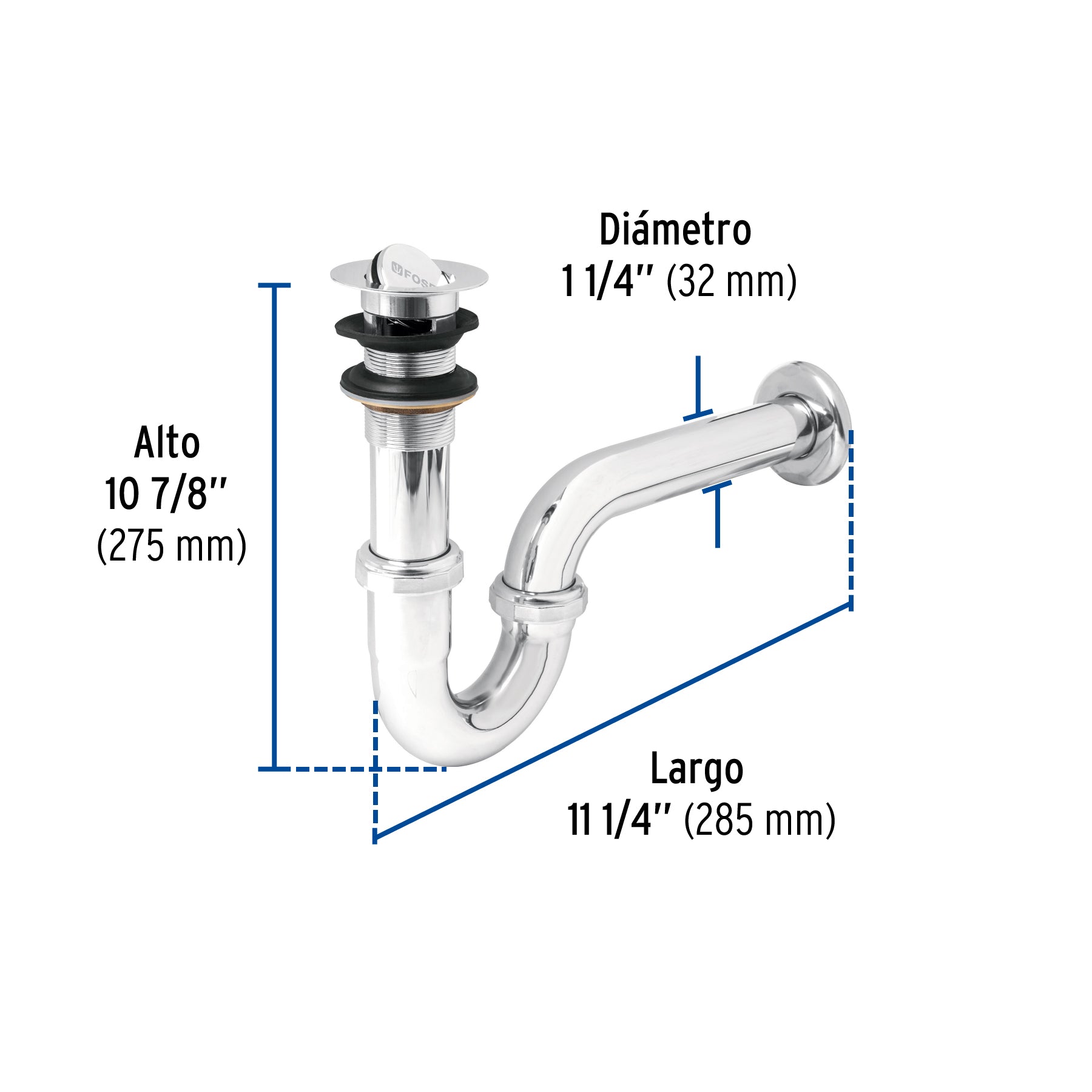 Céspol 1-1/4", contra tipo moneda, latón cromo, para lavabo