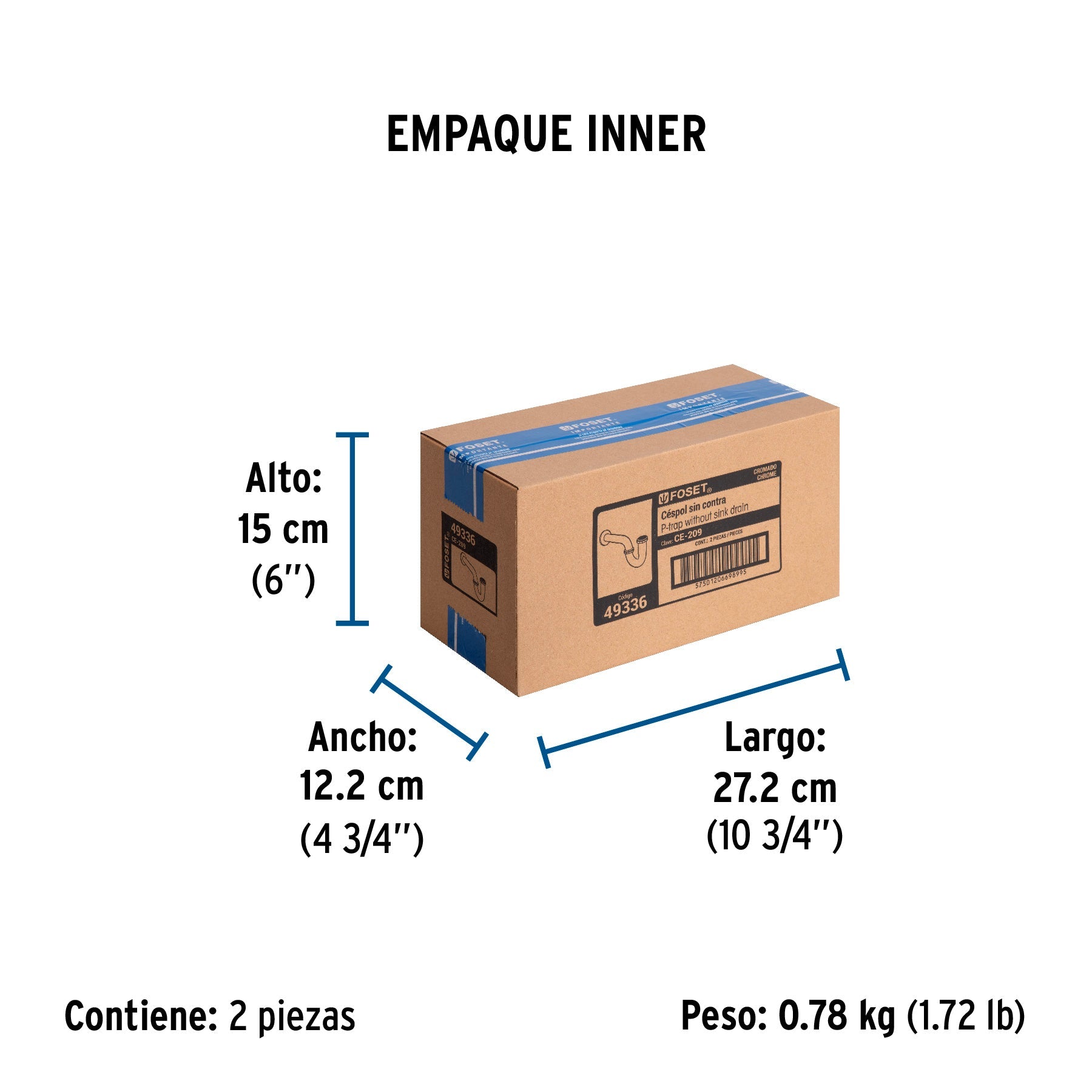 Céspol 1-1/2", sin contra, latón cromo, para fregadero - Empaque