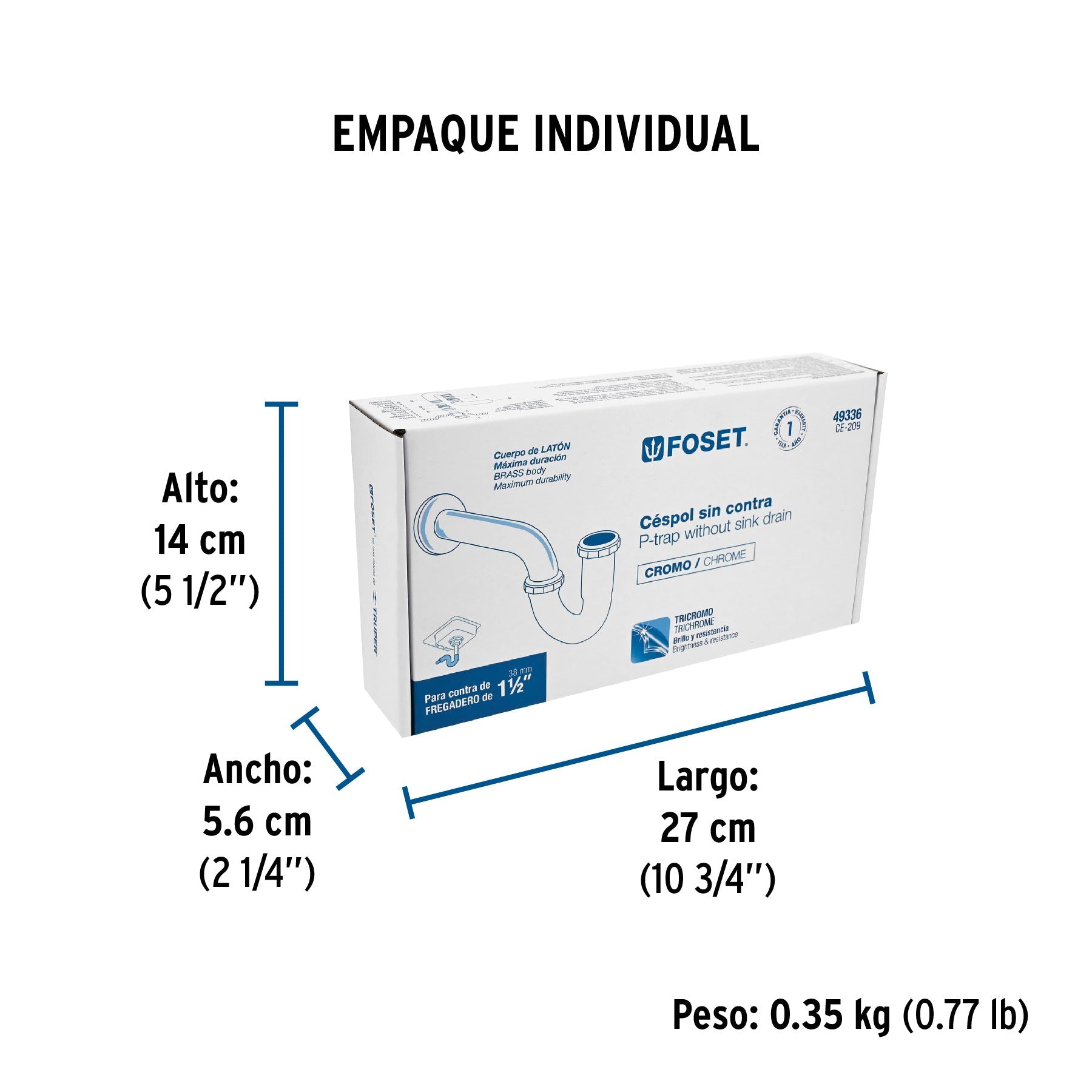 Céspol 1-1/2", sin contra, latón cromo, para fregadero - Empaque