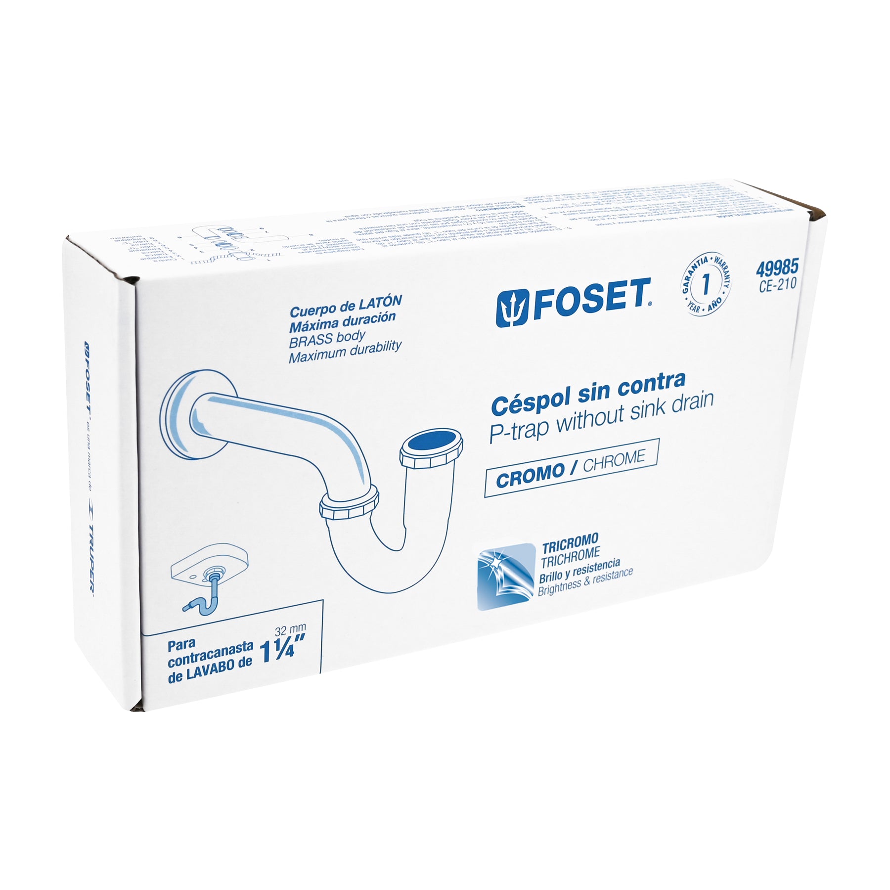 Céspol 1-1/4", sin contra, latón cromo, para lavabo, FOSET